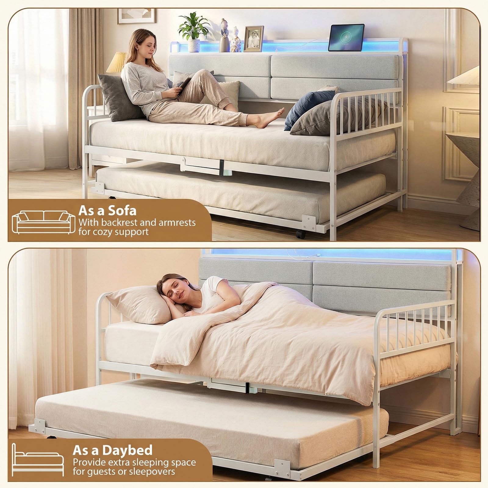KOMFOTT Twin Size Daybed with Trundle & LED Light