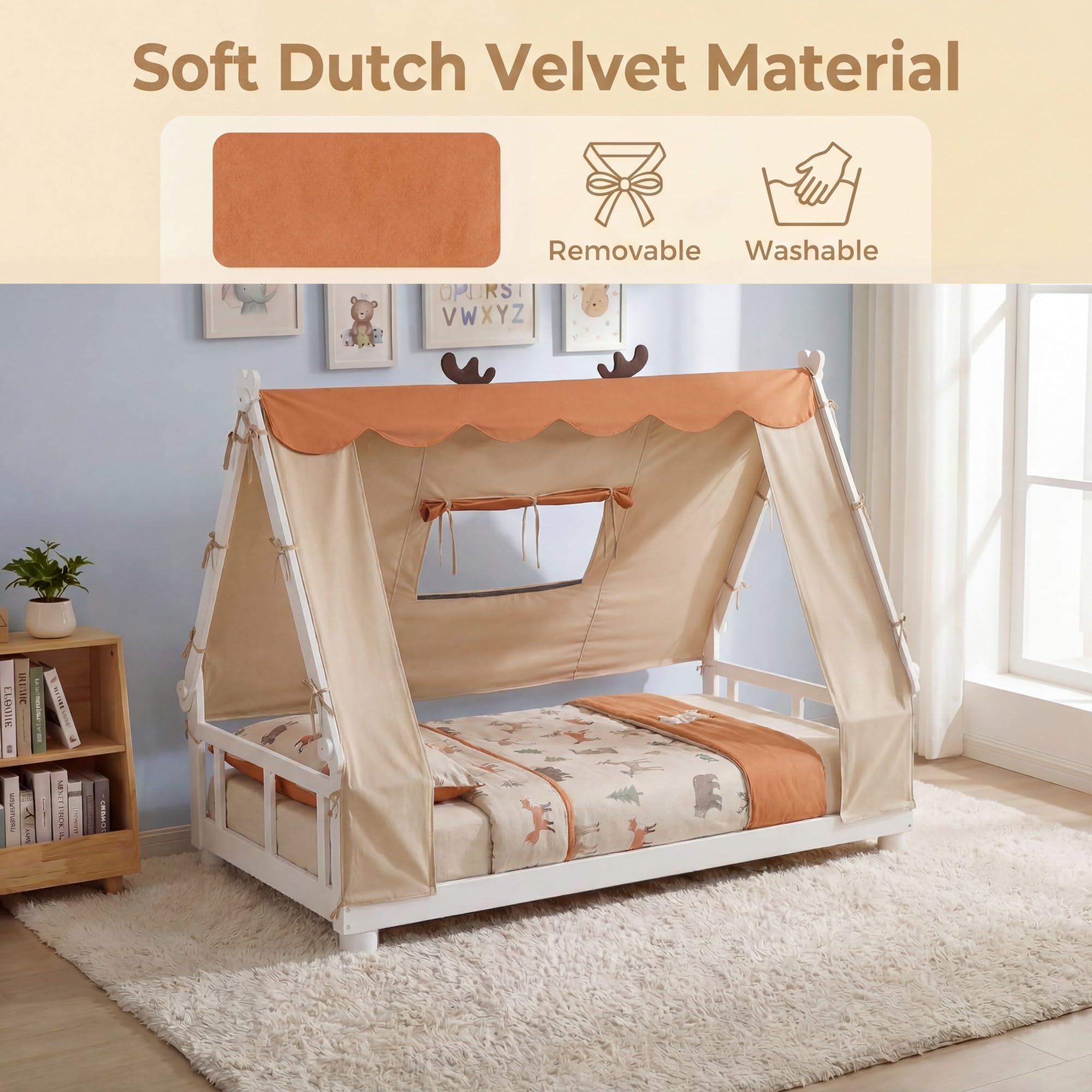 KOMFOTT Twin Floor House Bed with Tent Wood Bed Frame