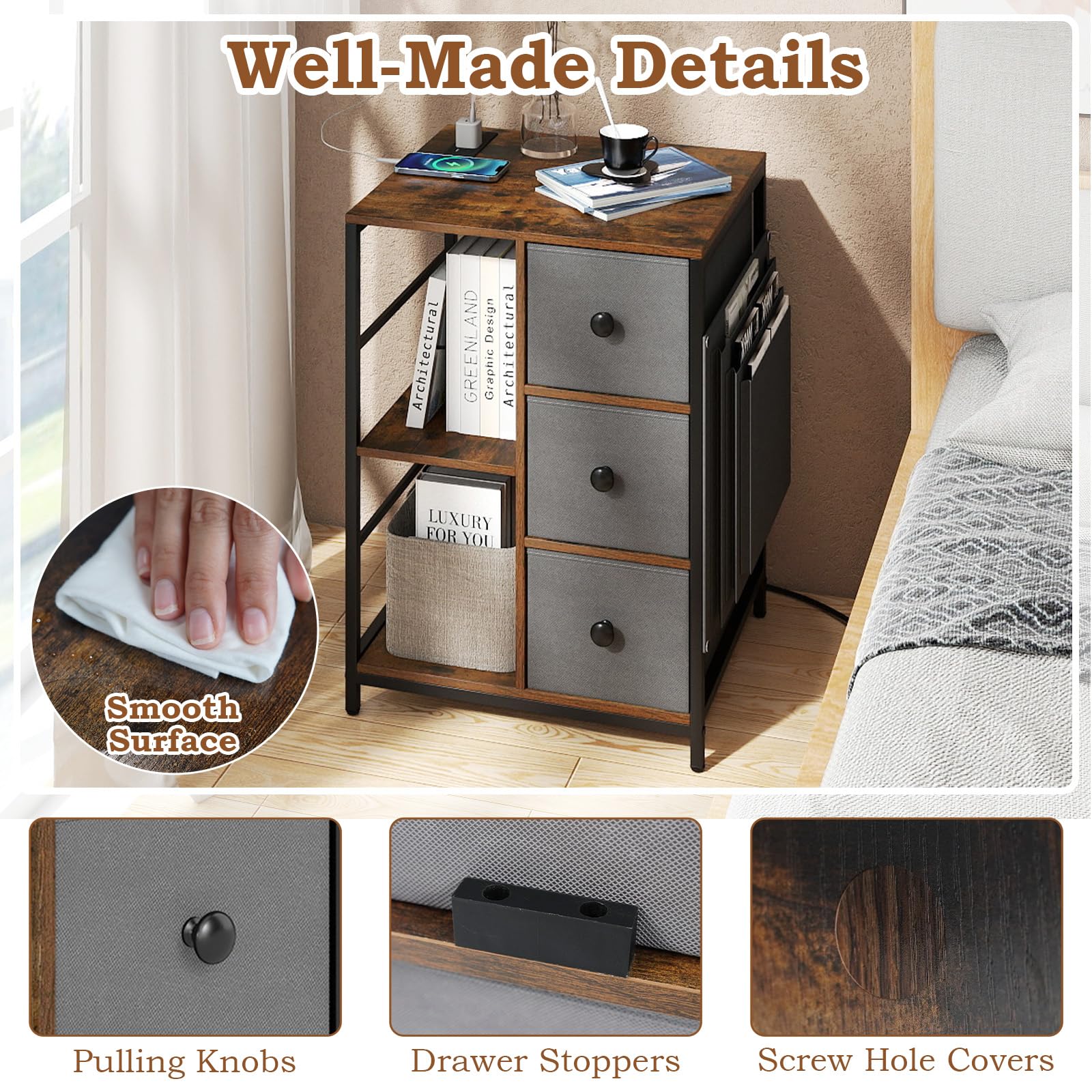 KOMFOTT 3-Tier Nightstand with Charging Station