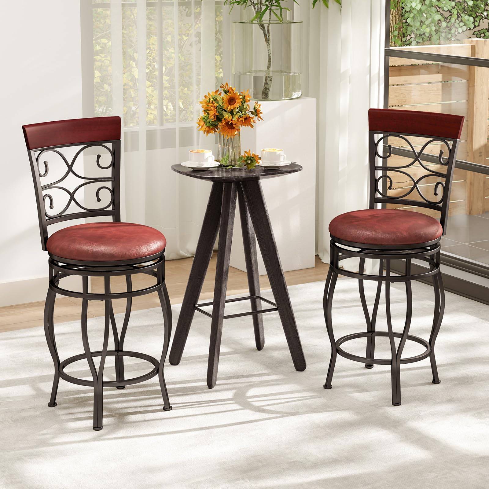 KOMFOTT Swivel Bar Stools Set of 2/4, Counter Height Bar Stools with Back, Upholstered PU Leather Seat, Footrest