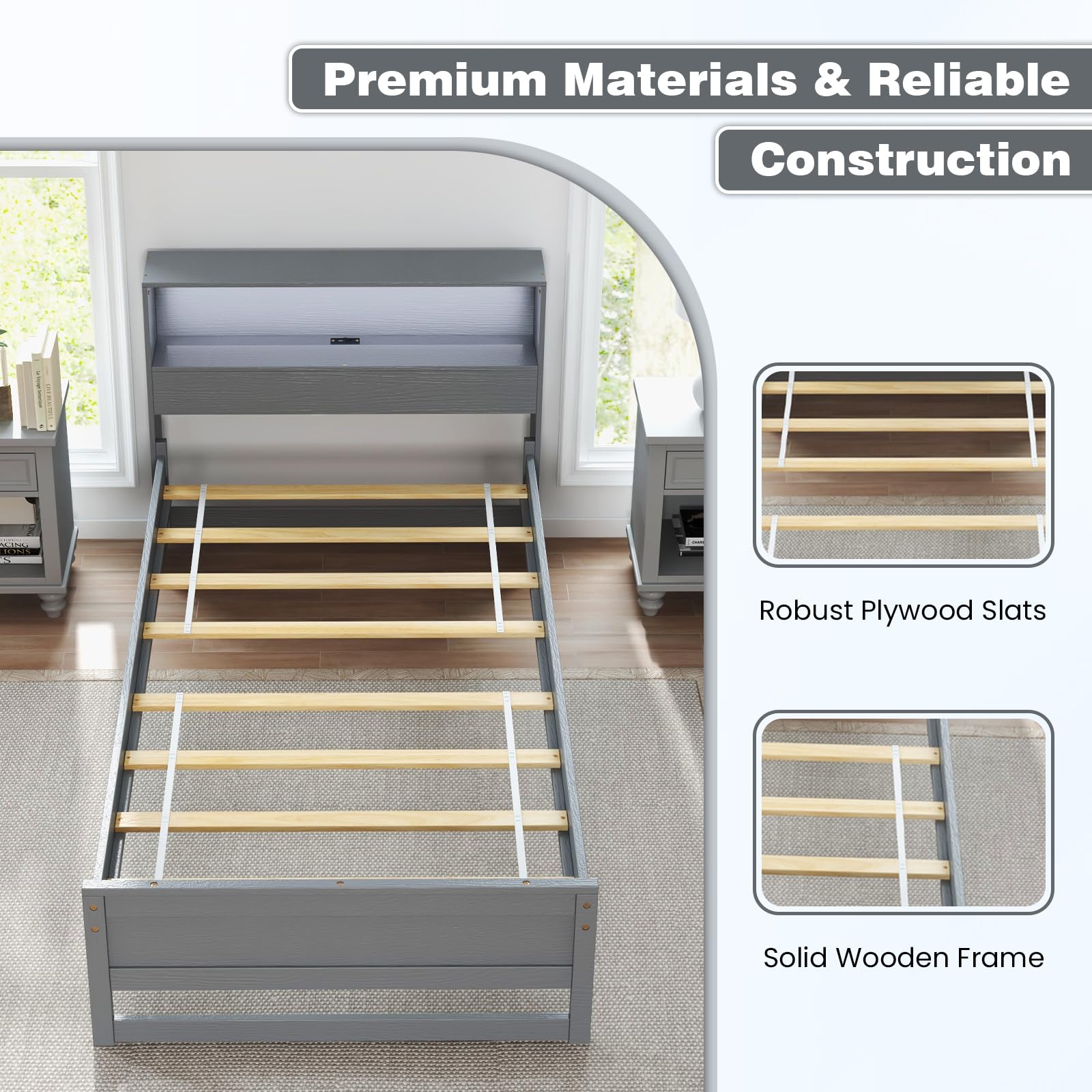 KOMFOTT Twin Size Wood Platform Bed Frame with Charging Station & LED Light
