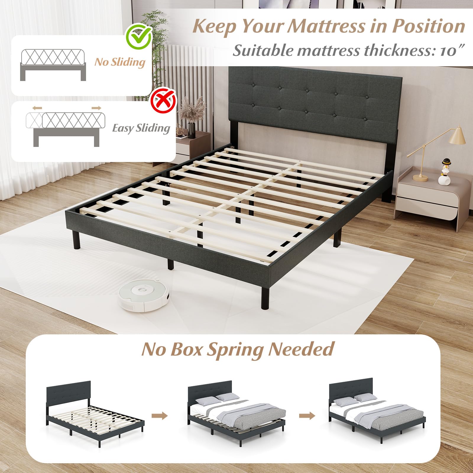 KOMFOTT Queen Size Linen Upholstered Bed Frame with Tufted Headboard