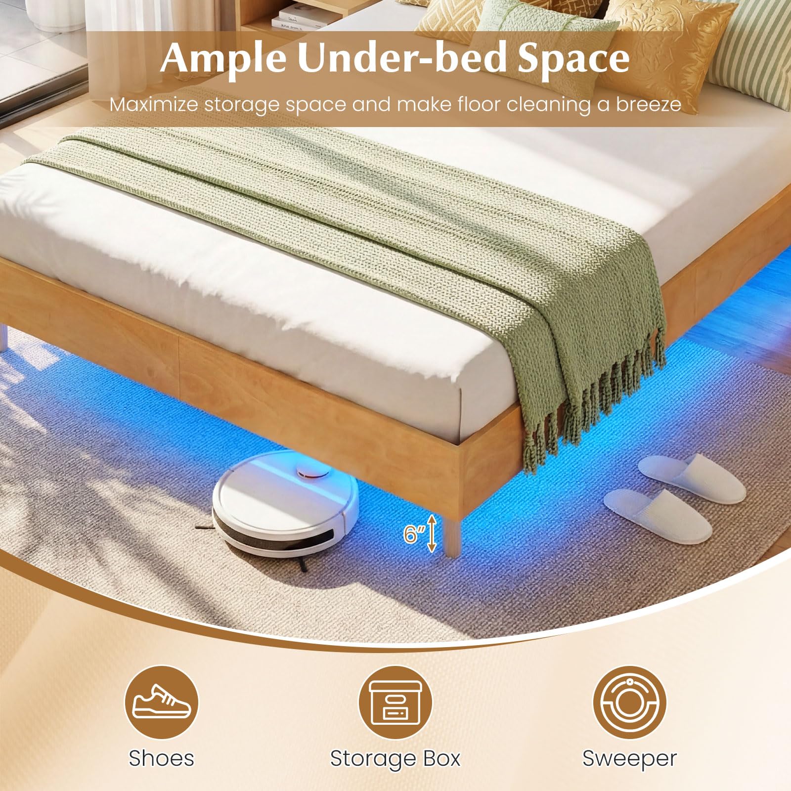 KOMFOTT Queen/Full/Twin Size Wood Floating Bed Frame with LED Lights