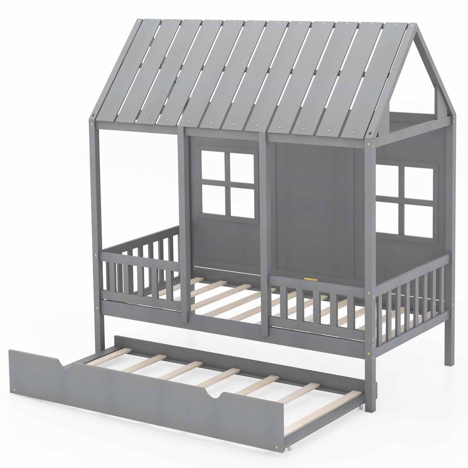 KOMFOTT Twin Size House Bed with Trundle Wood Kid’s House Bed Frame