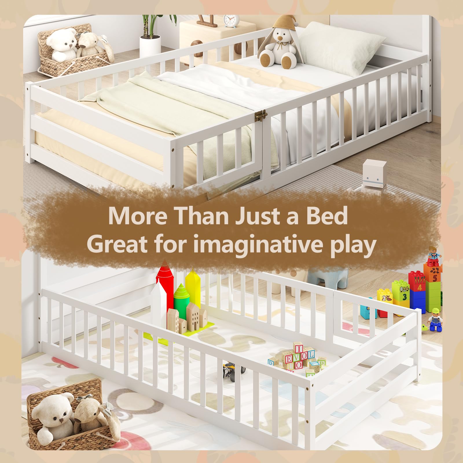 KOMFOTT Twin Size Wood Floor Bed with Door & Fence