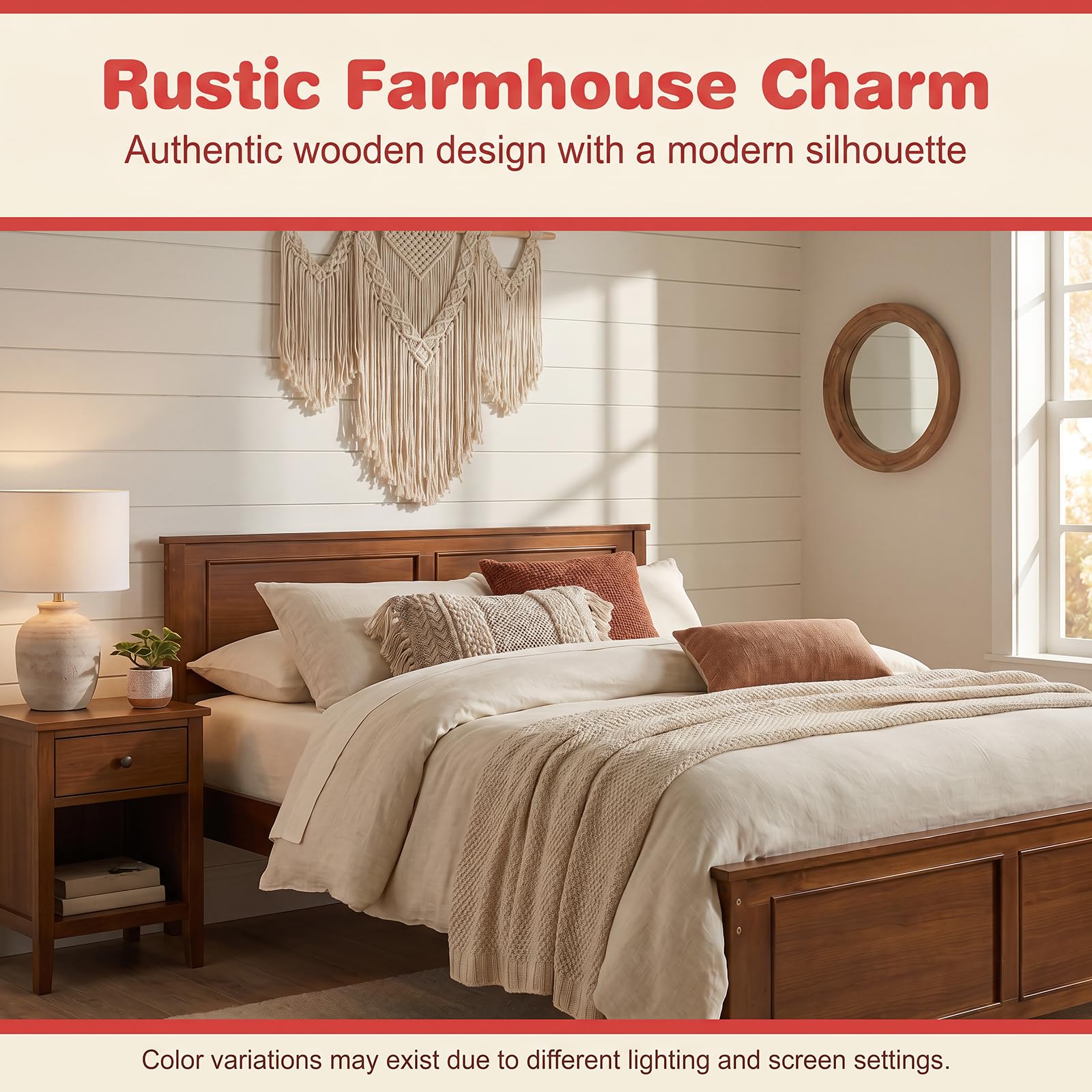 KOMFOTT Full Size Bed Frame Farmhouse Wooden Platform Bed