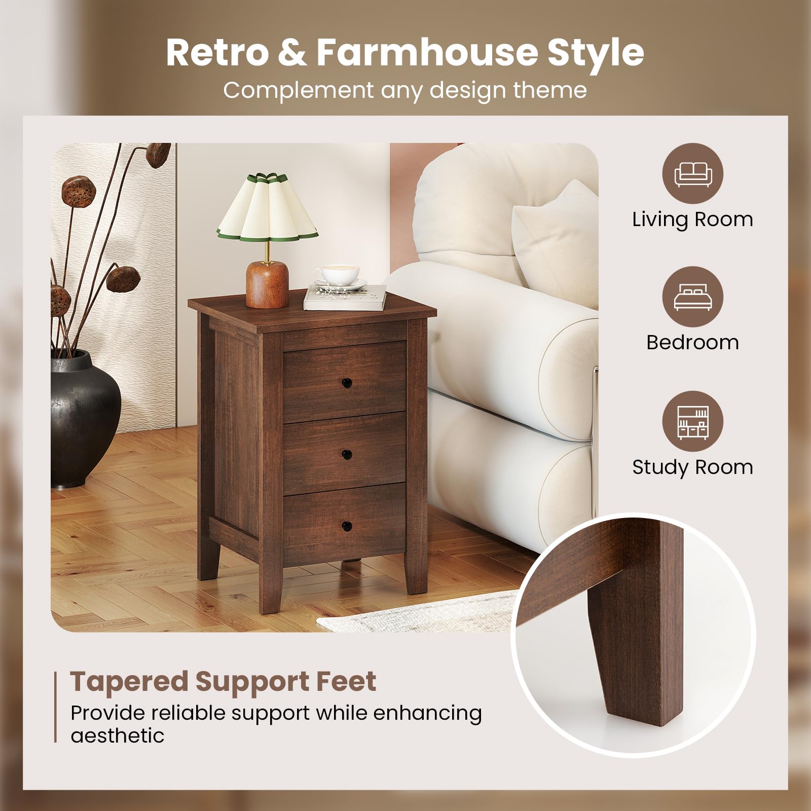 KOMFOTT 3 Drawers Nightstand Set of 1/2（18" x 14.5" x 26"）