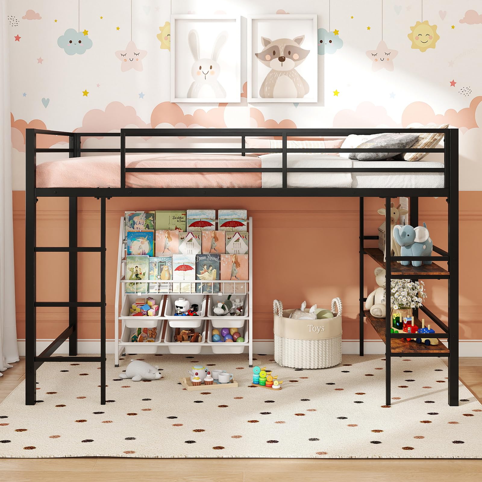 KOMFOTT Twin Size Metal Loft Bed w/Storage Shelves