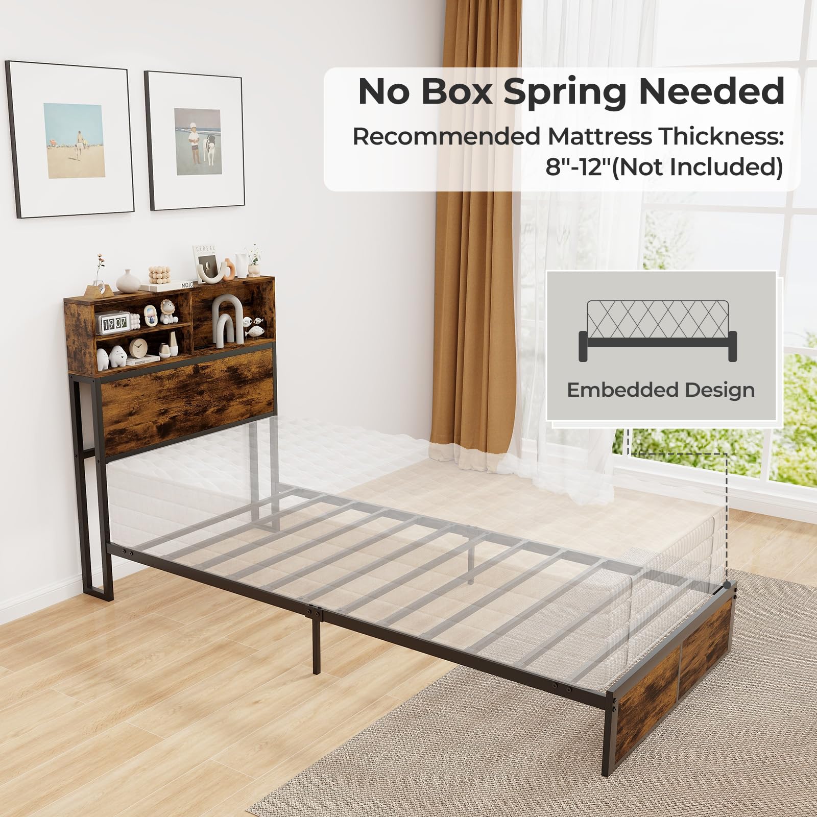KOMFOTT Metal Platform Bed Frame with Storage Headboard & Charging Station
