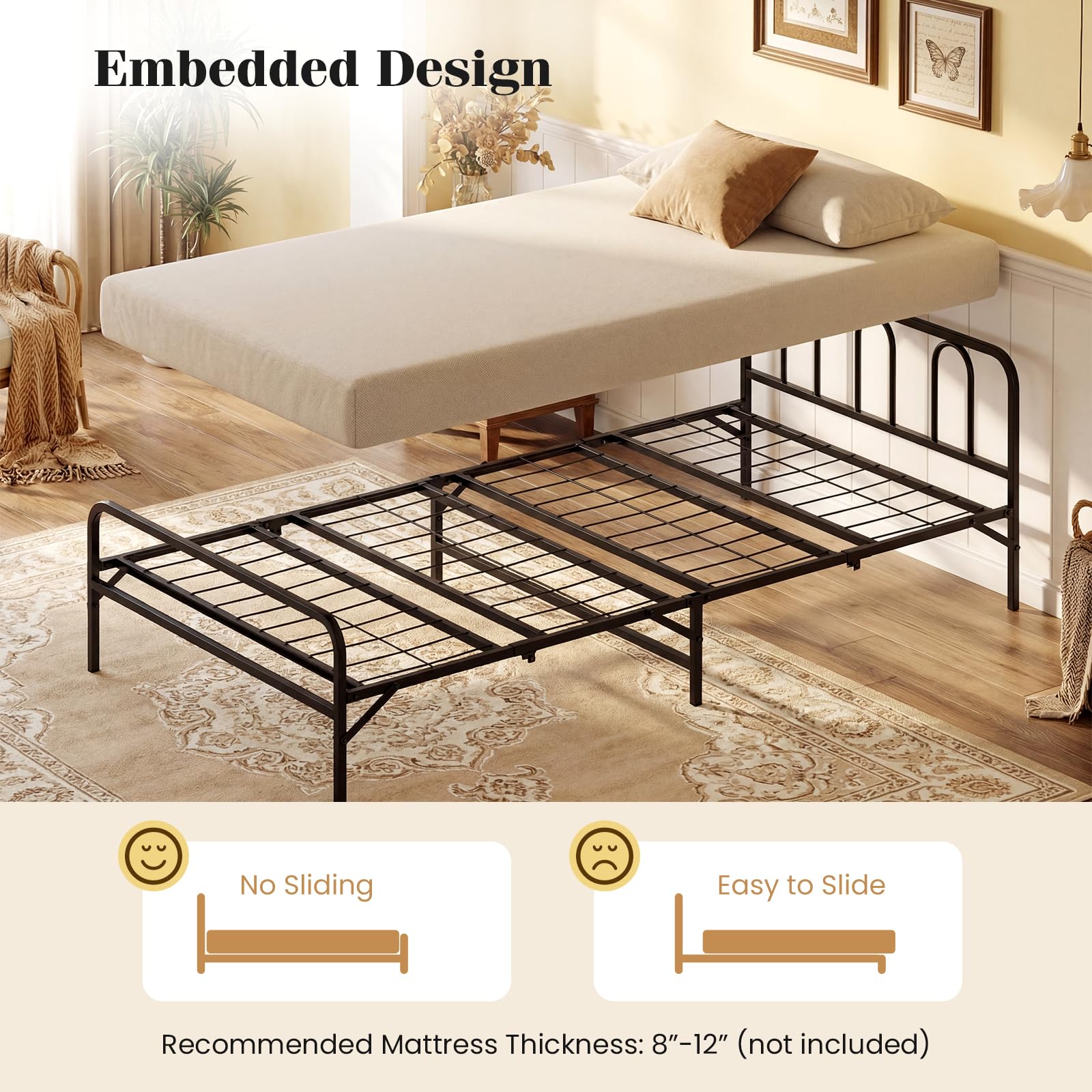 KOMFOTT Twin Foldable Bed Frame, Heavy Duty Metal Platform Bed