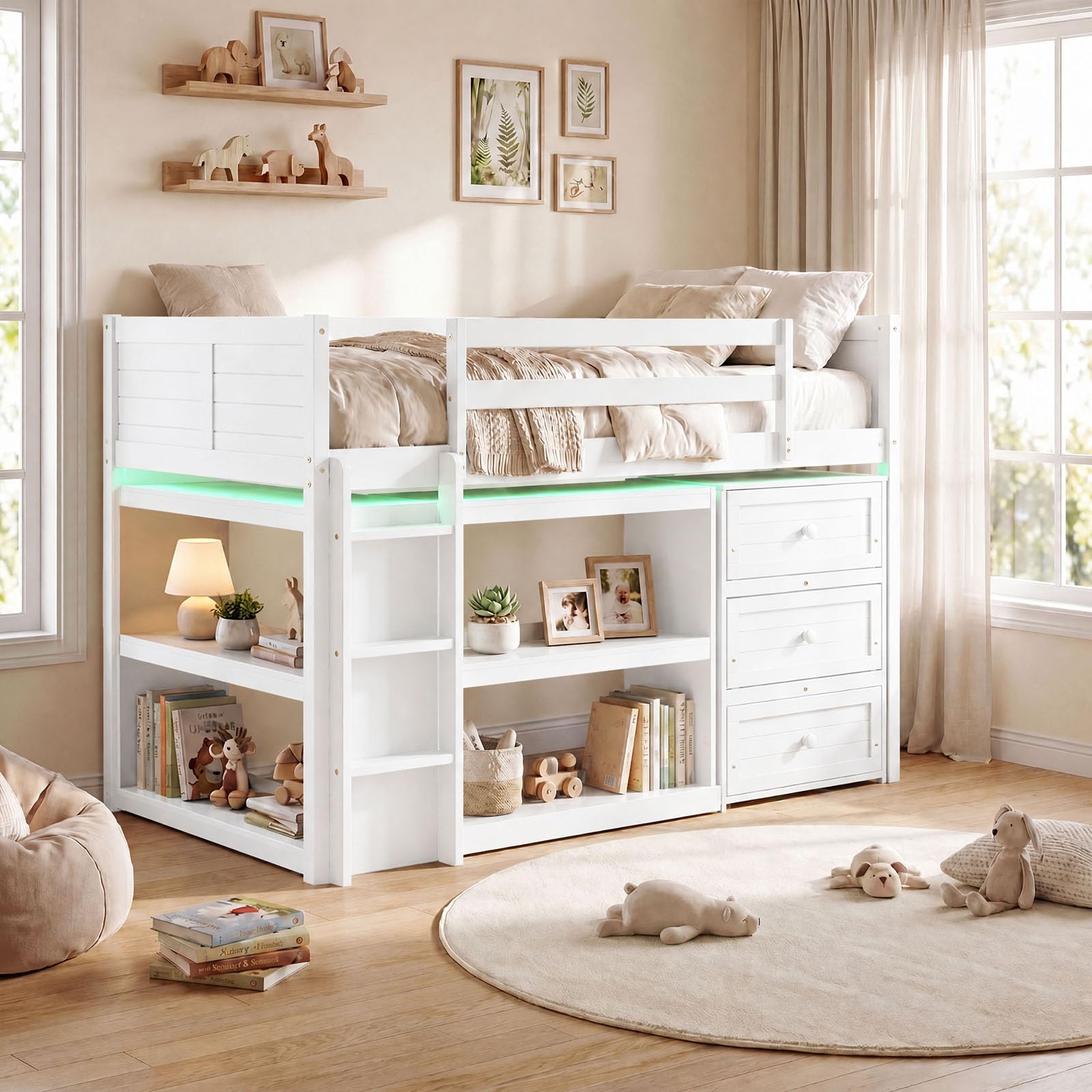 KOMFOTT Twin Low Loft Bed with LED Lights Modern Loft Bed