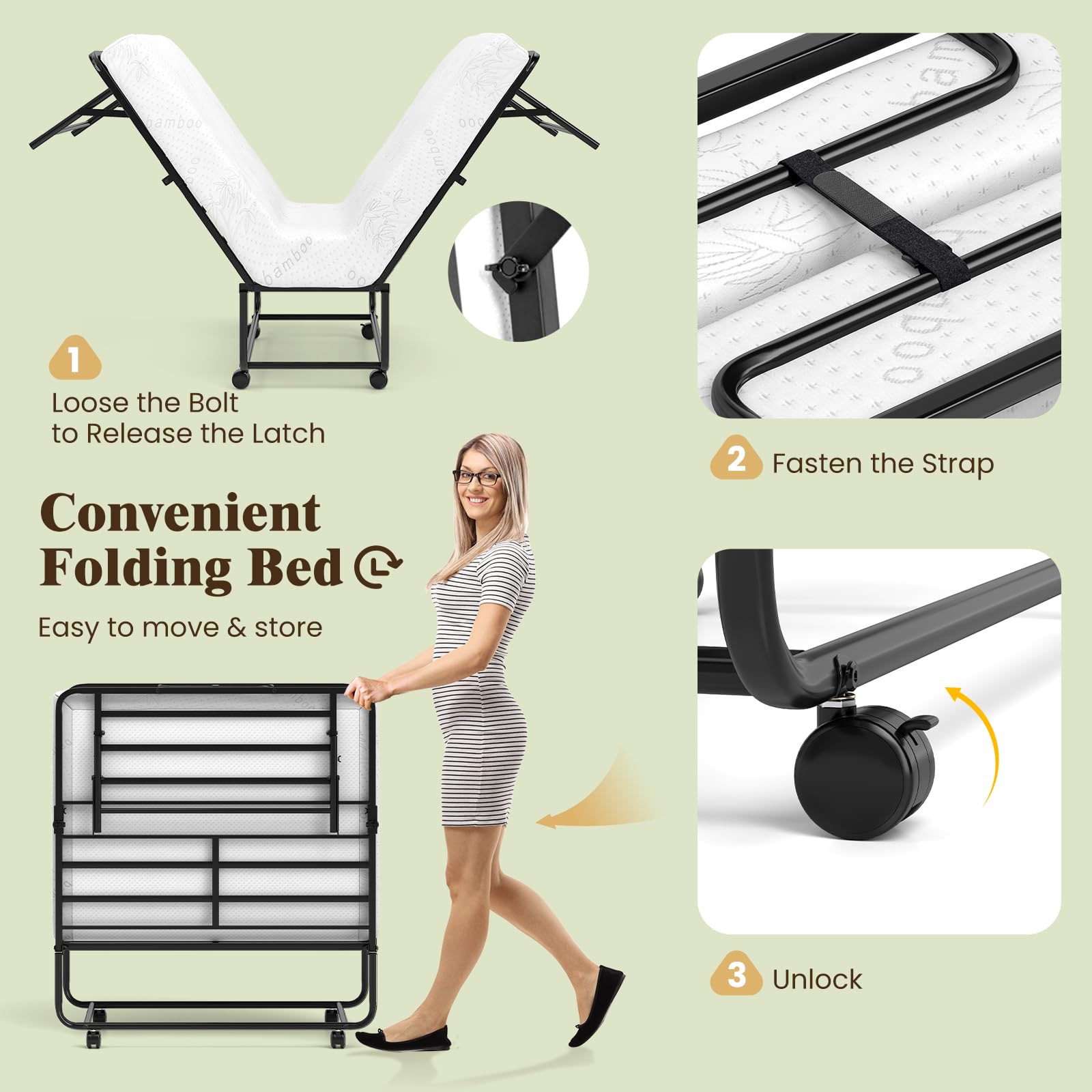 KOMFOTT Folding Bed with Mattress(75” x 38” x 16” )