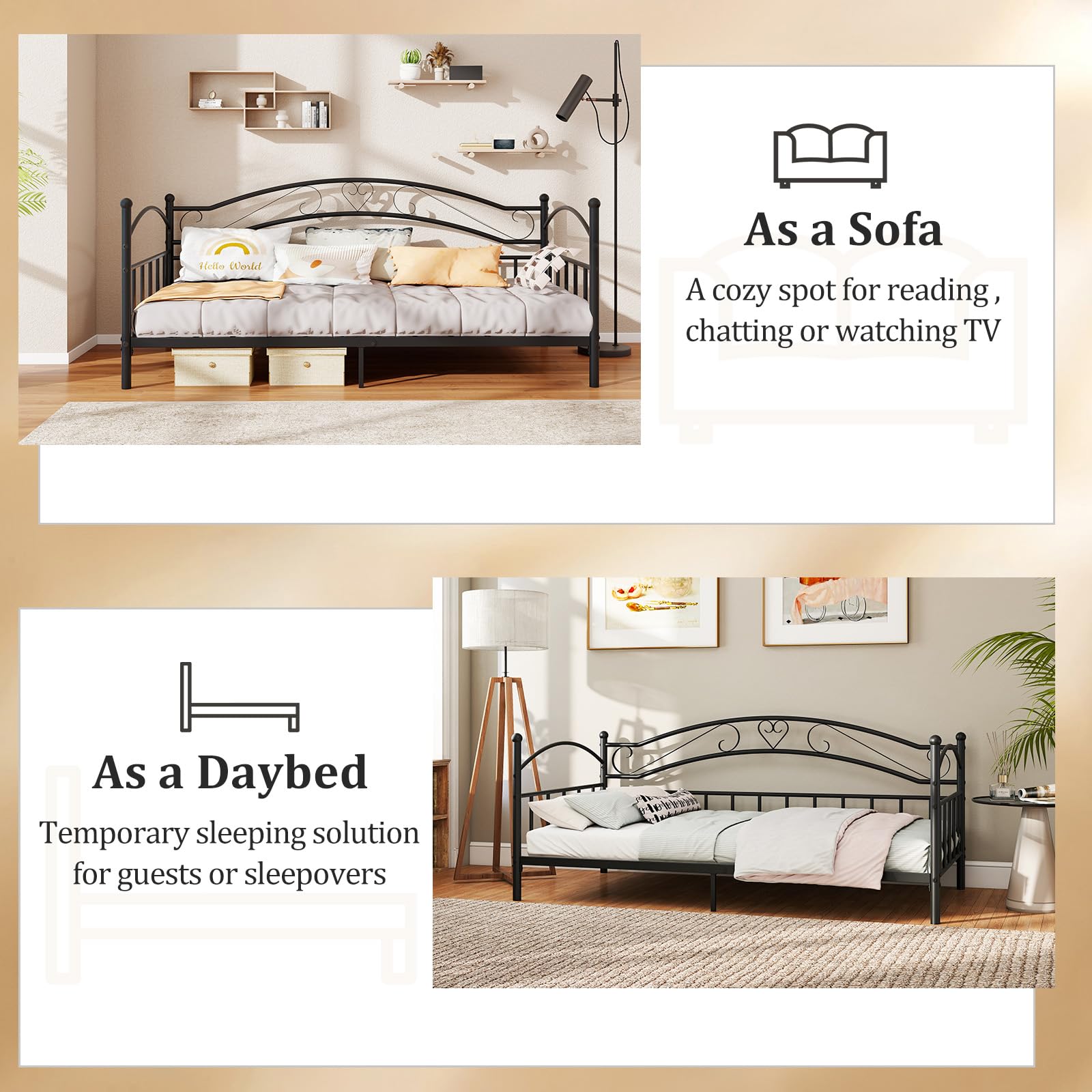 KOMFOTT Twin Size Metal Daybed Frame Sofa Bed with Headboard