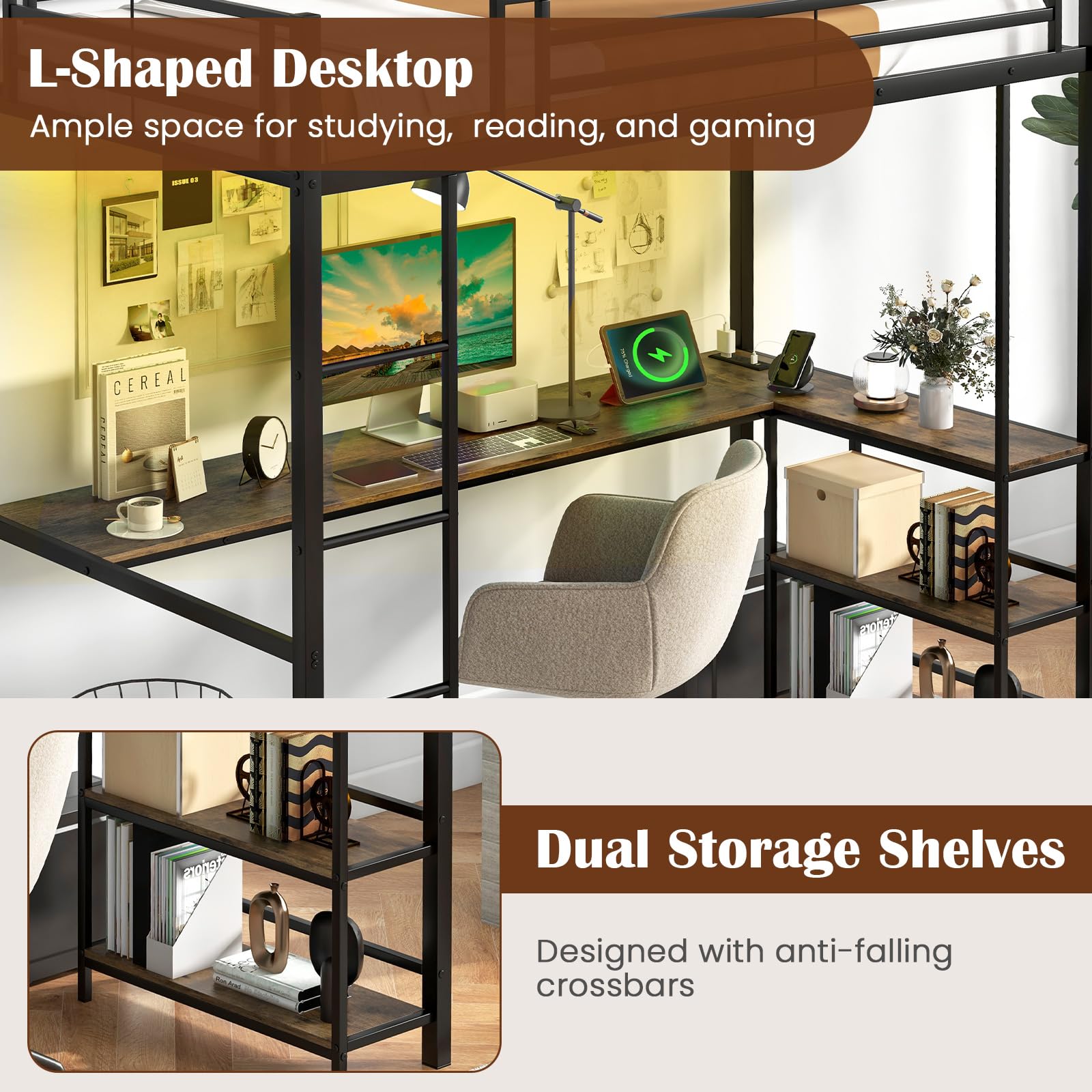 KOMFOTT Twin Size Loft Bed with L-Shaped Desk & Storage Shelves
