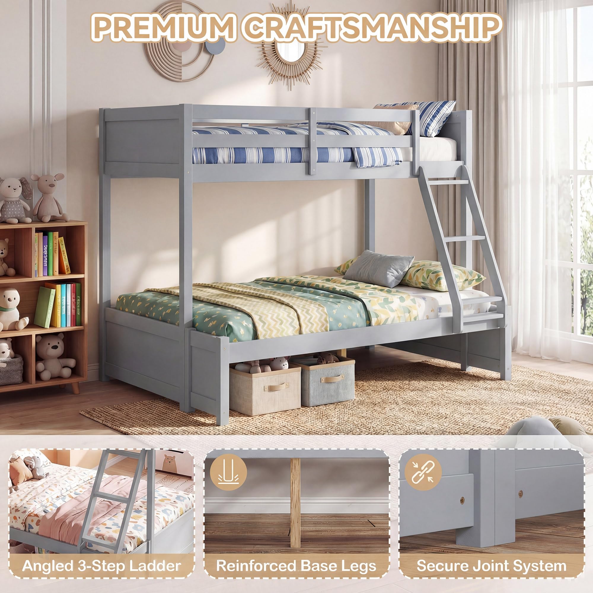 KOMFOTT Twin Over Full Bunk Bed with Full-Length Guardrails