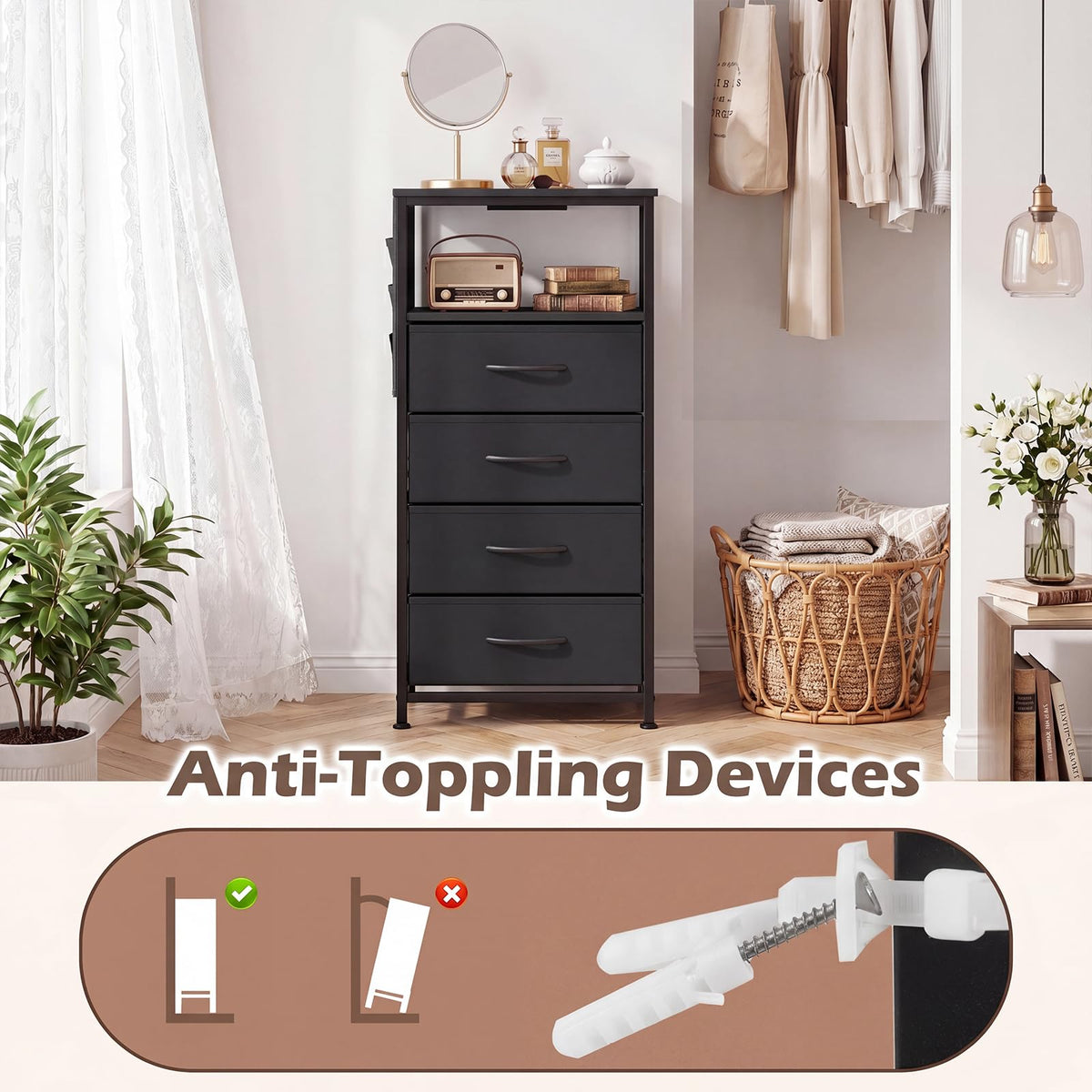 KOMFOTT 1/2 Nightstand with Integrated Charging Station 34" Tall Modern End Table(4 Drawers)
