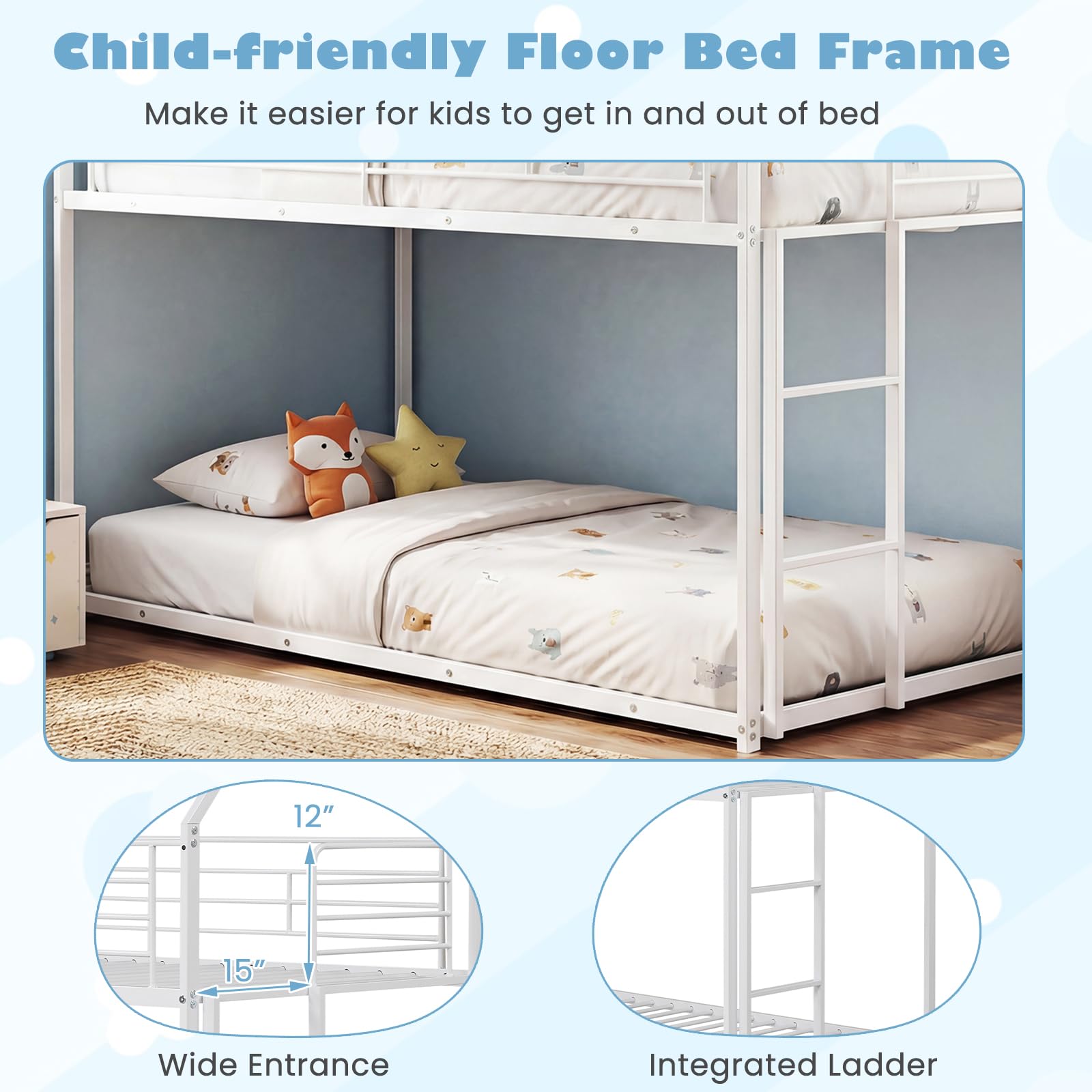 KOMFOTT Low Bunk Bed Twin Over Twin with Roof