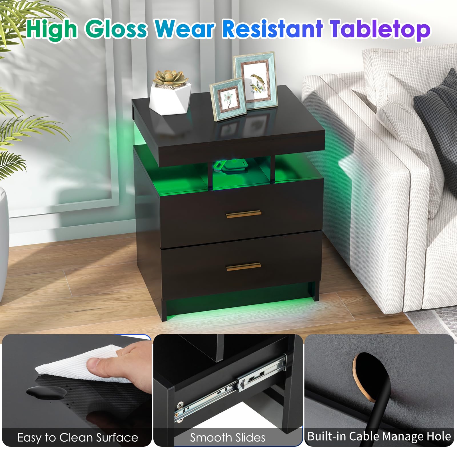 KOMFOTT Modern Nightstand with LED Lights（1/2）