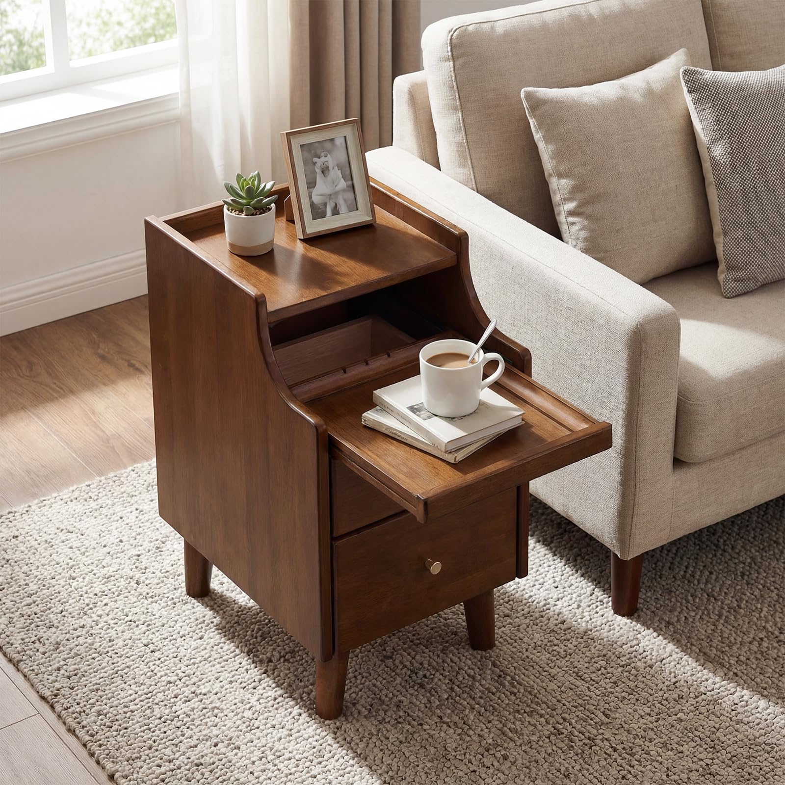 KOMFOTT Narrow Nightstand with 2 Drawers & Pull-Out Tray(1/2)
