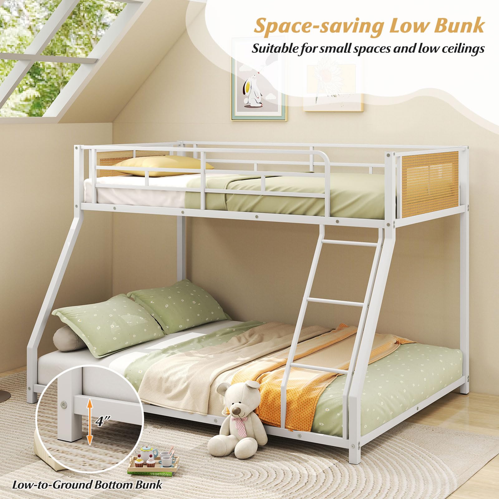 KOMFOTT Metal Bunk Bed Twin Over Full Low Profile Boho Rattan Bunk Bed