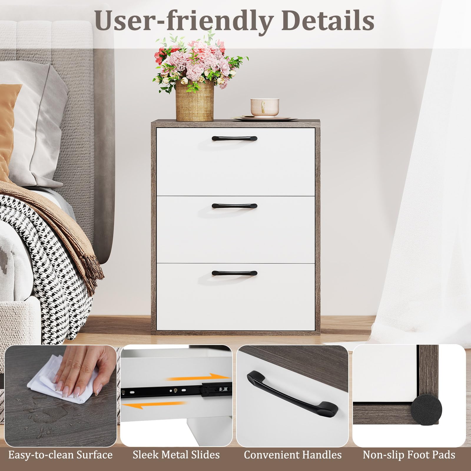 KOMFOTT Nightstand with 3 Drawers( (White & Grey))