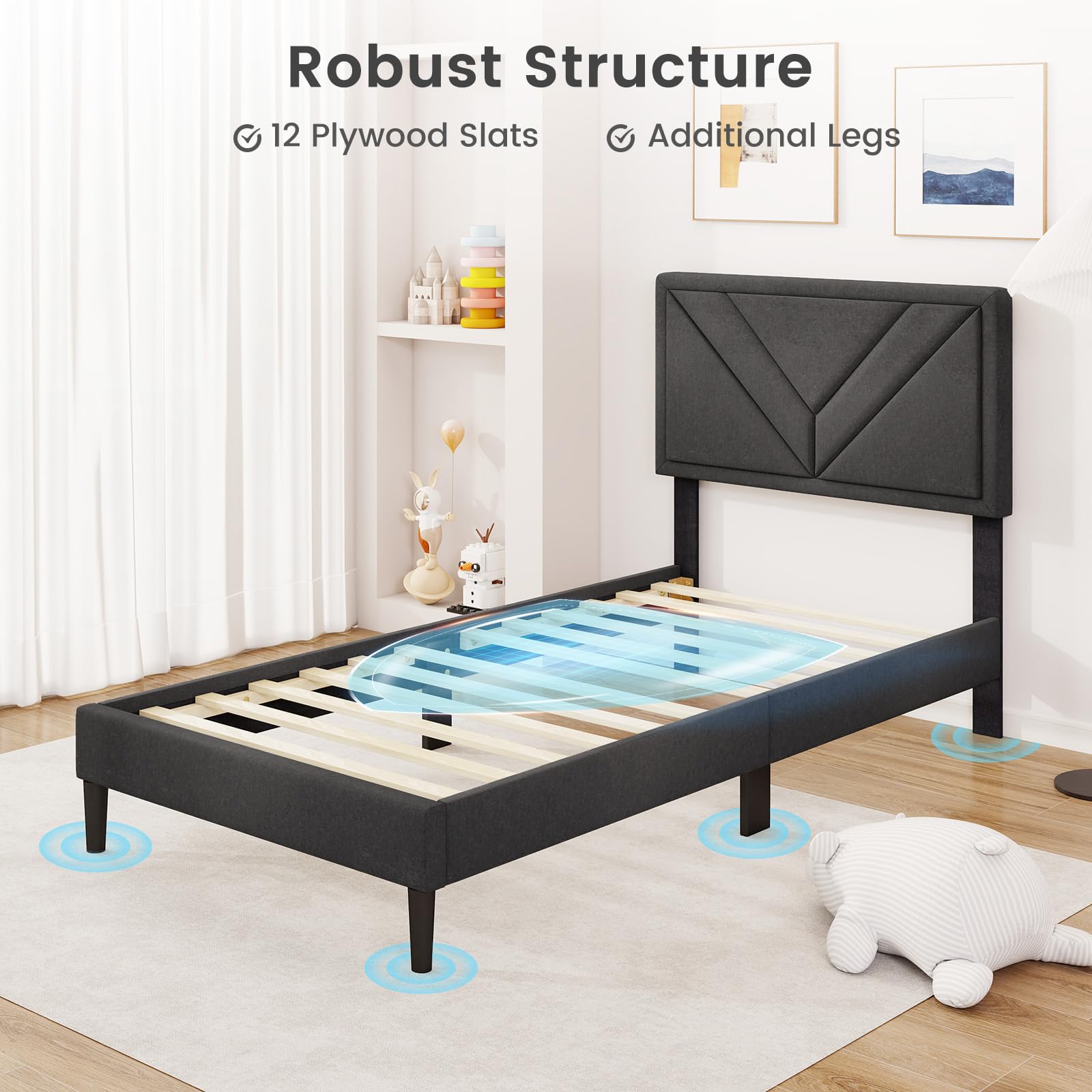 Close-up of bed frame showing soft padded surface and 12 plywood slats, features icons
