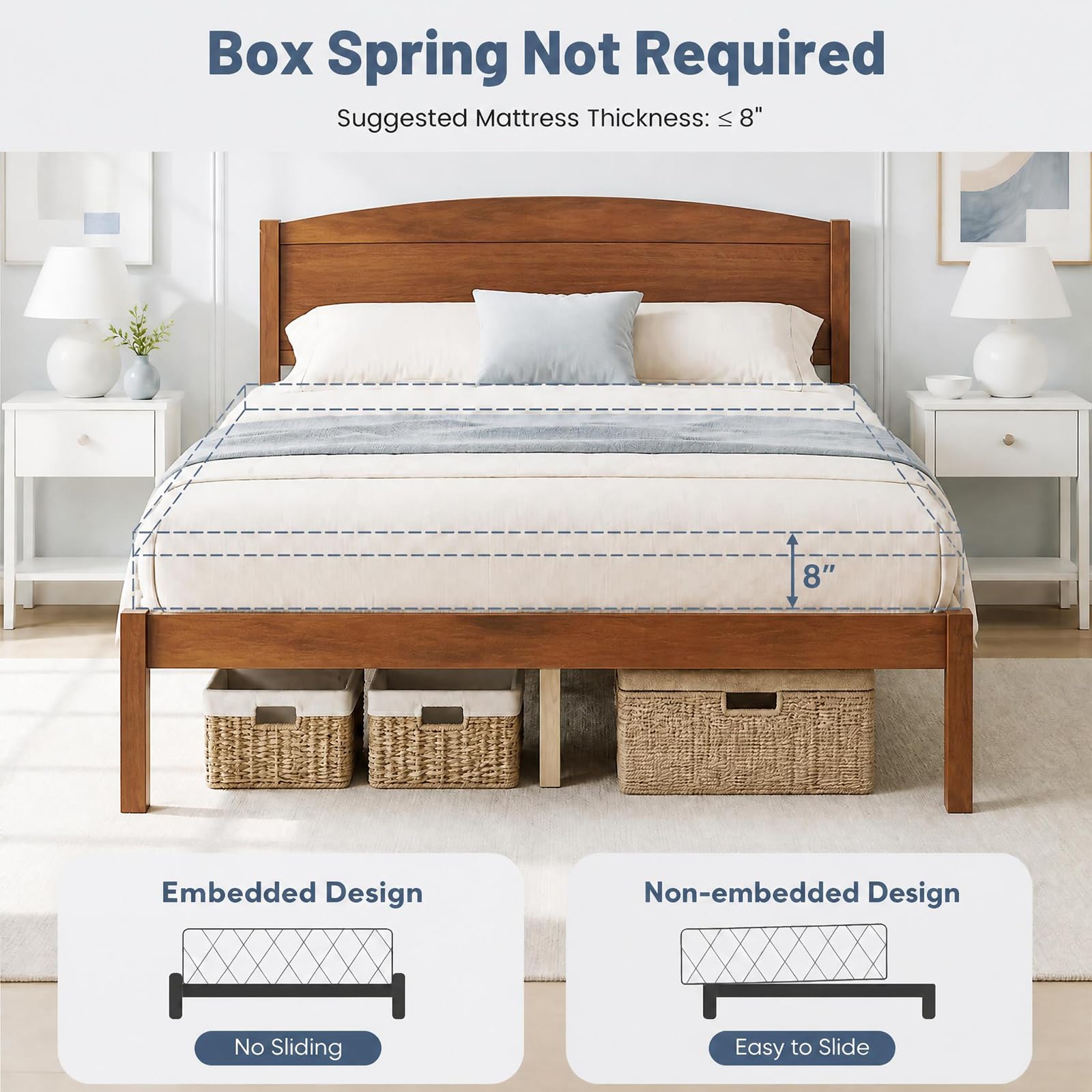 KOMFOTT Full/Twin/King/Queen Size Bed Frame Wooden Platform Bed with Curved Headboard