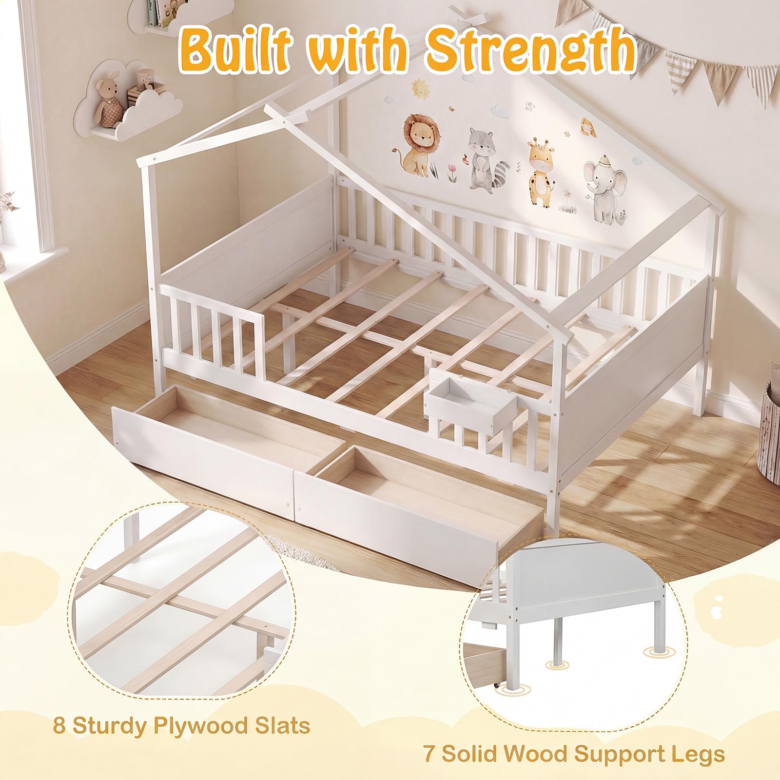 KOMFOTT Full Size House Bed for Kids with 2 Rolling Drawers & Roof & Fence Rails