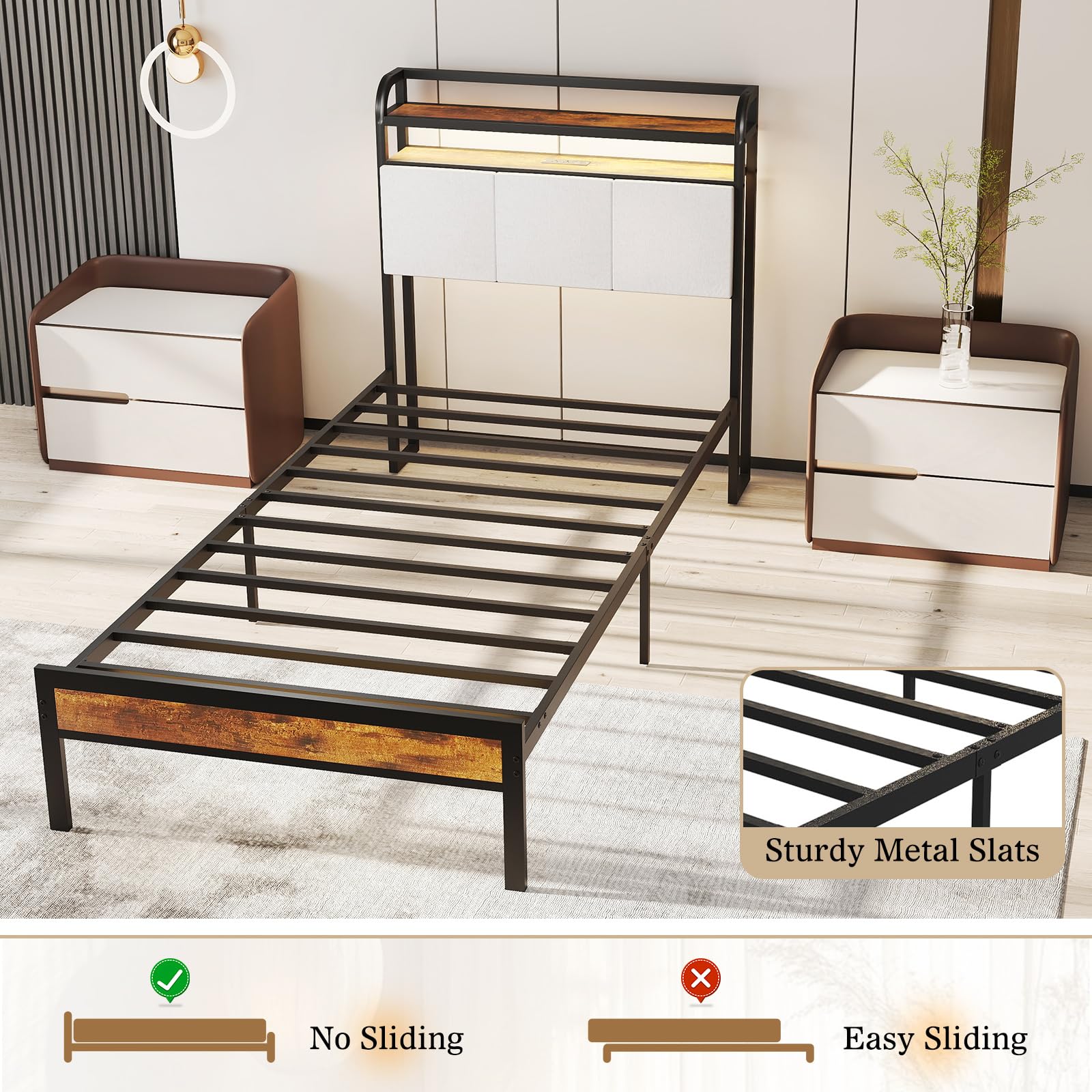 KOMFOTT Metal Bed Frame with Charging Station