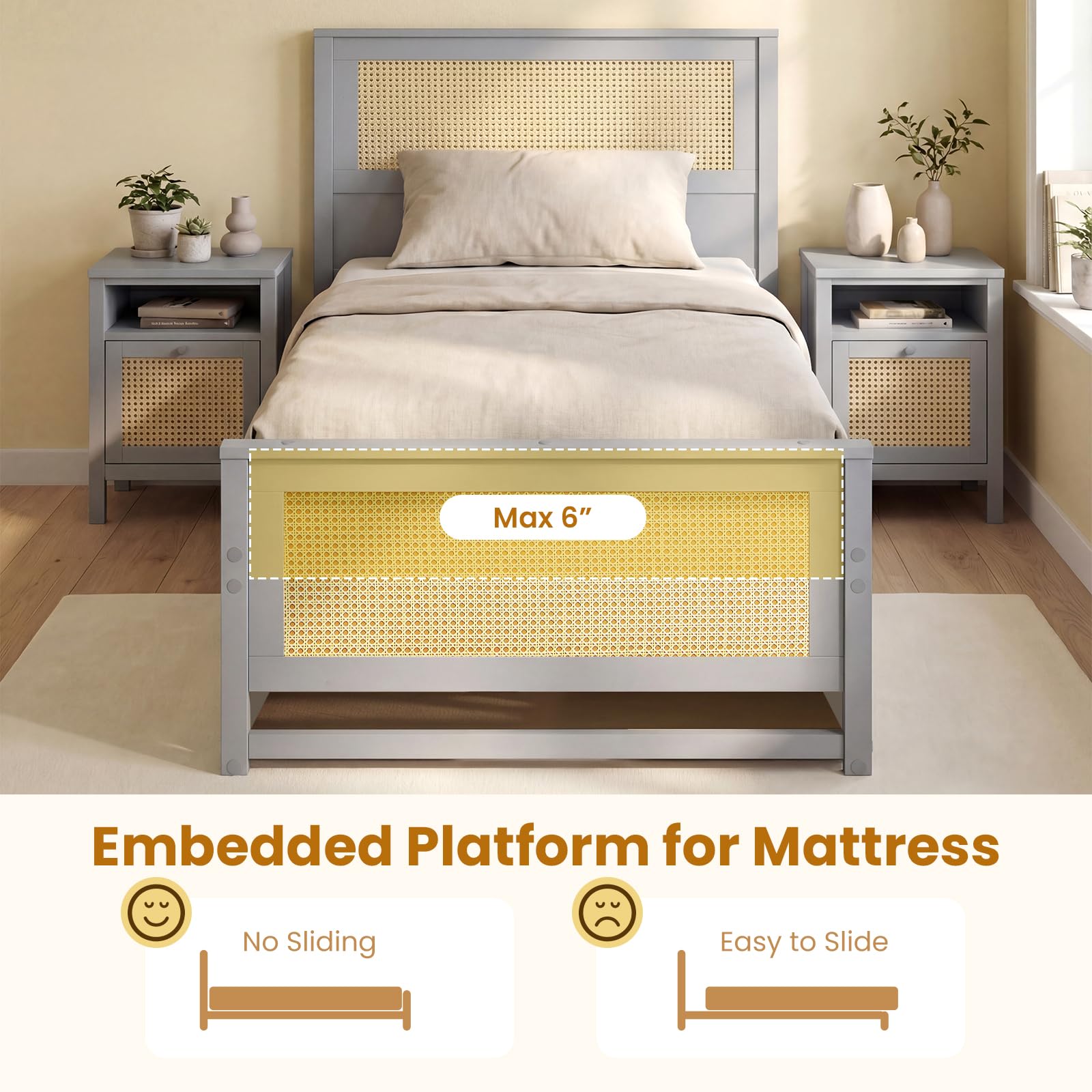 KOMFOTT Rattan Bed Frame with 2 Storage Drawers