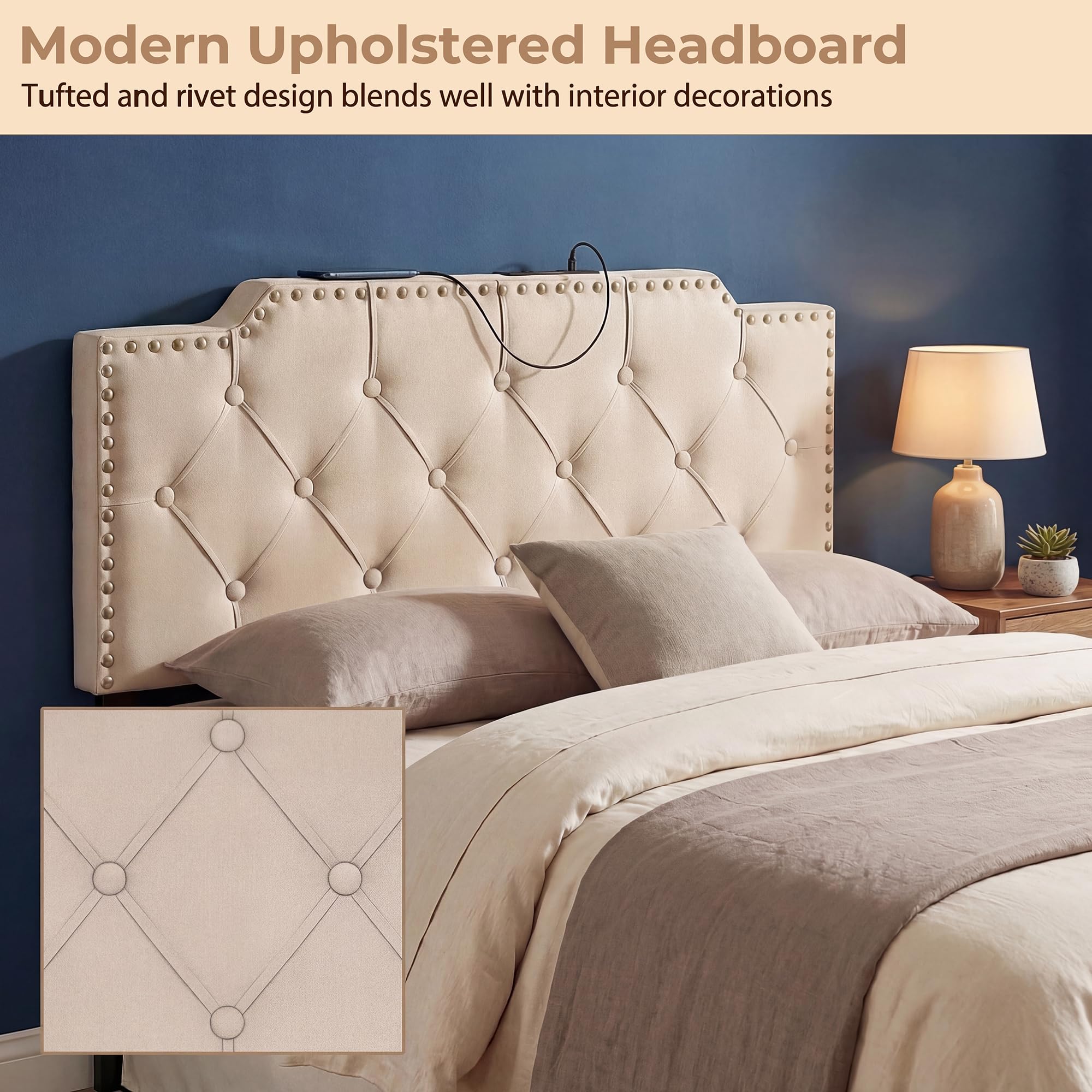 KOMFOTT Riveted Upholstered Headboard with Charging Station for Full & Queen Size Bed Frame