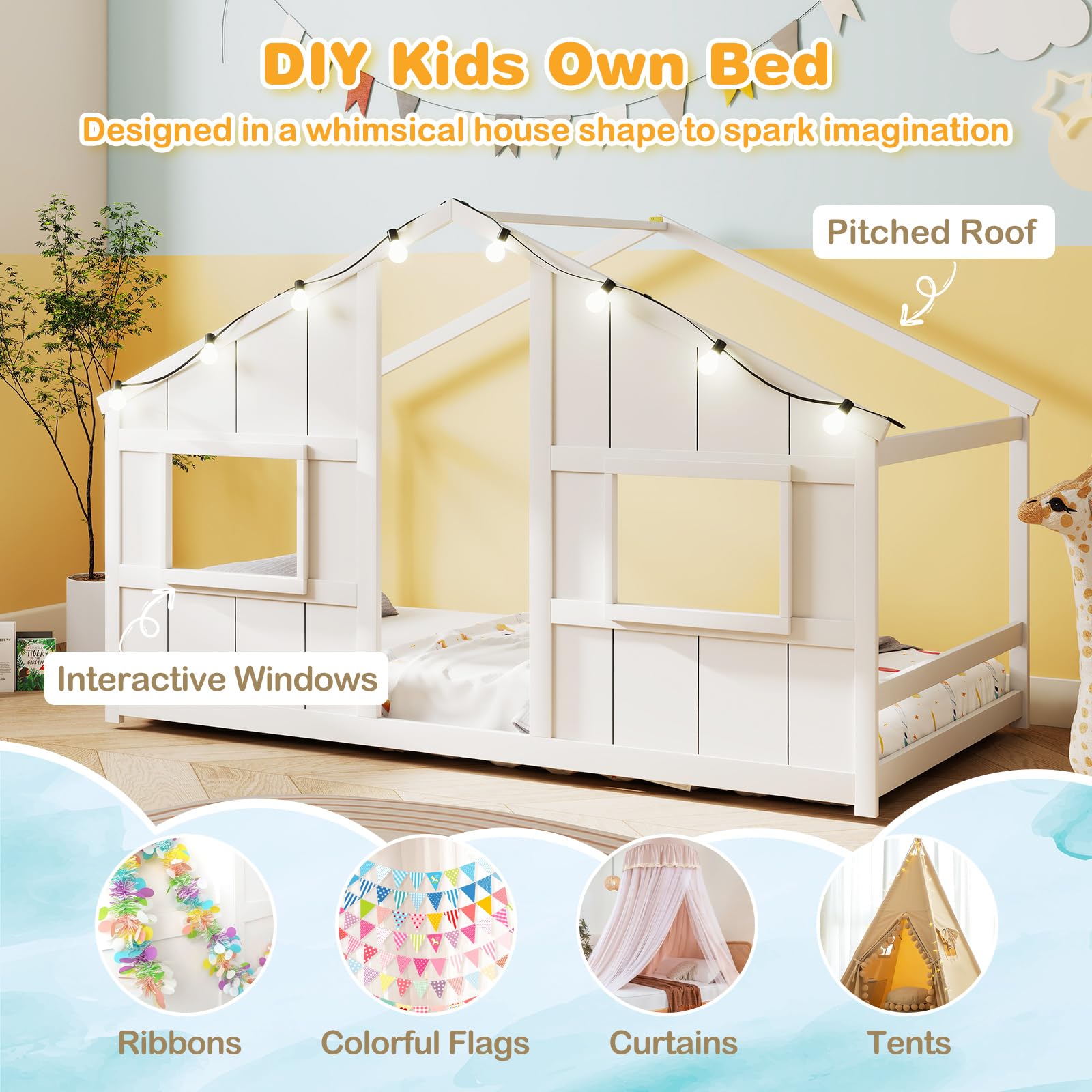 KOMFOTT Twin Floor House Bed with LED Lights