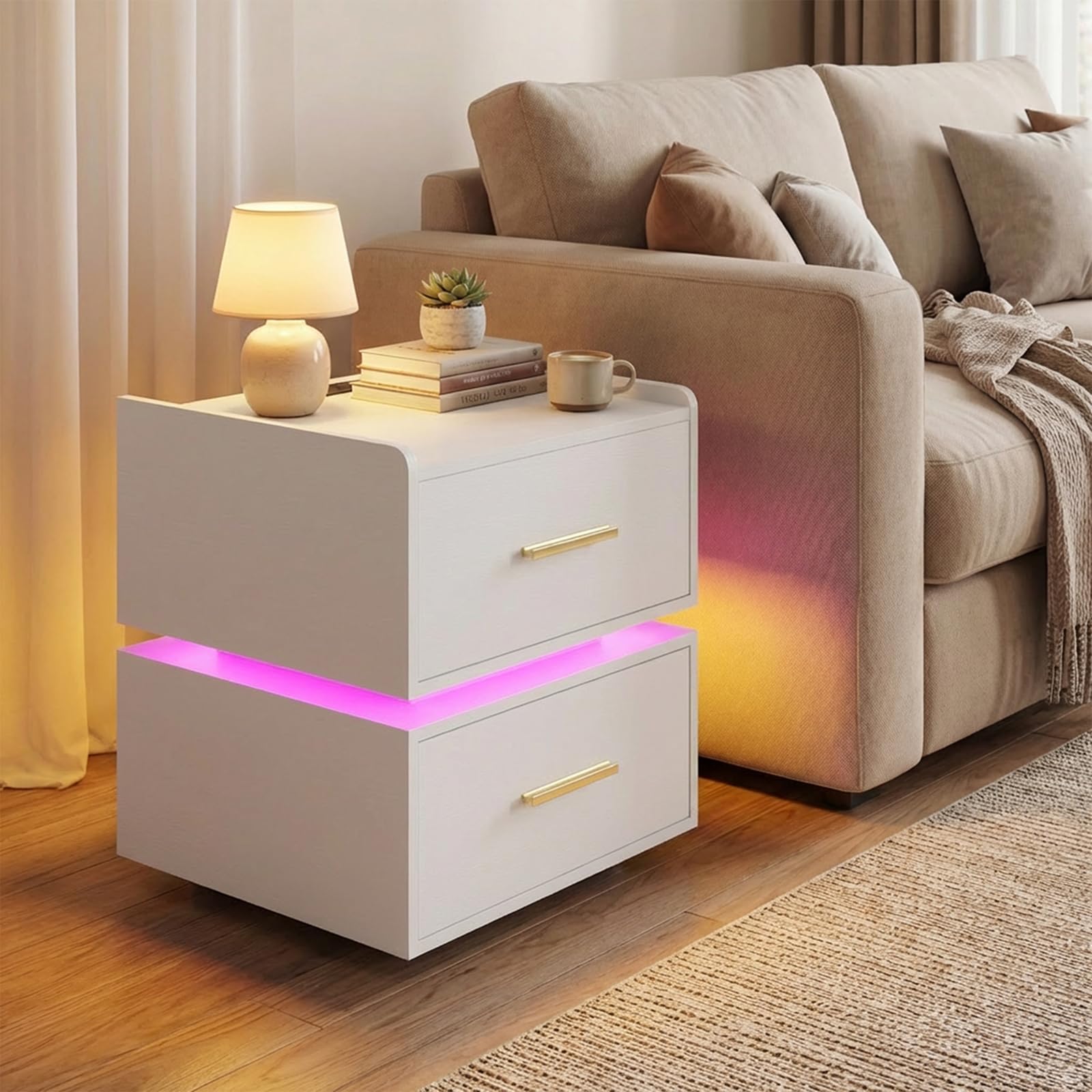 KOMFOTT Nightstand with Charging Station Set of 1/2 LED Bedside Table
