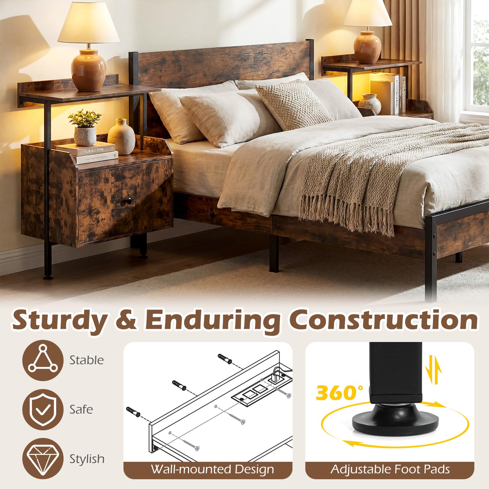 KOMFOTT Nightstand with LED Lights & Charging Station (21" x 16" x 29.5")