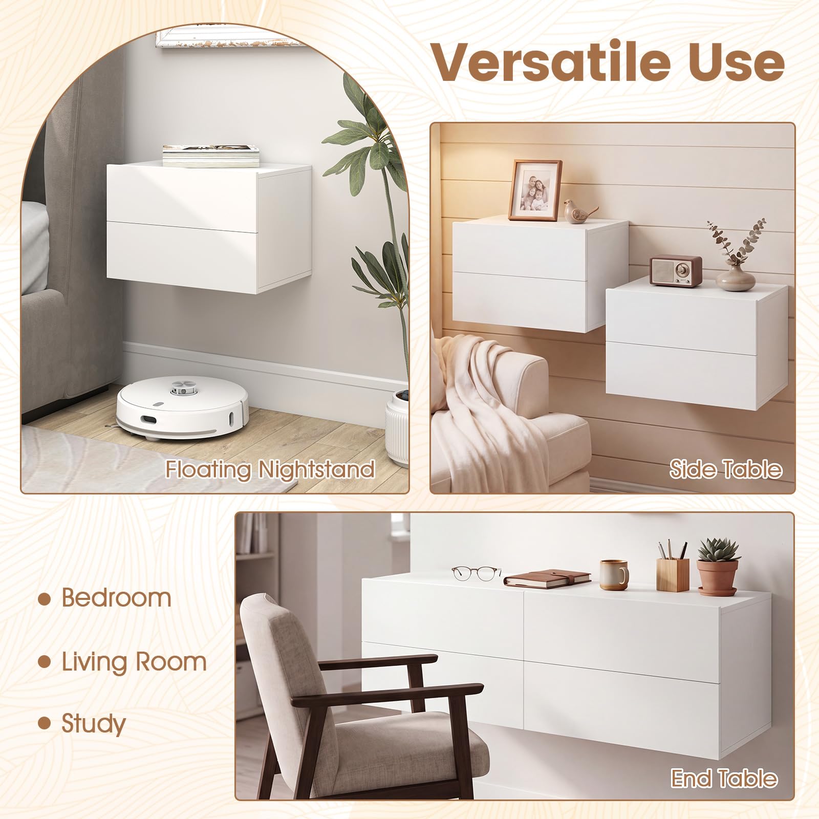 KOMFOTT Floating Nightstand Wall Mounted Night Stand(16.5" x 12" x 11.5",1/2)