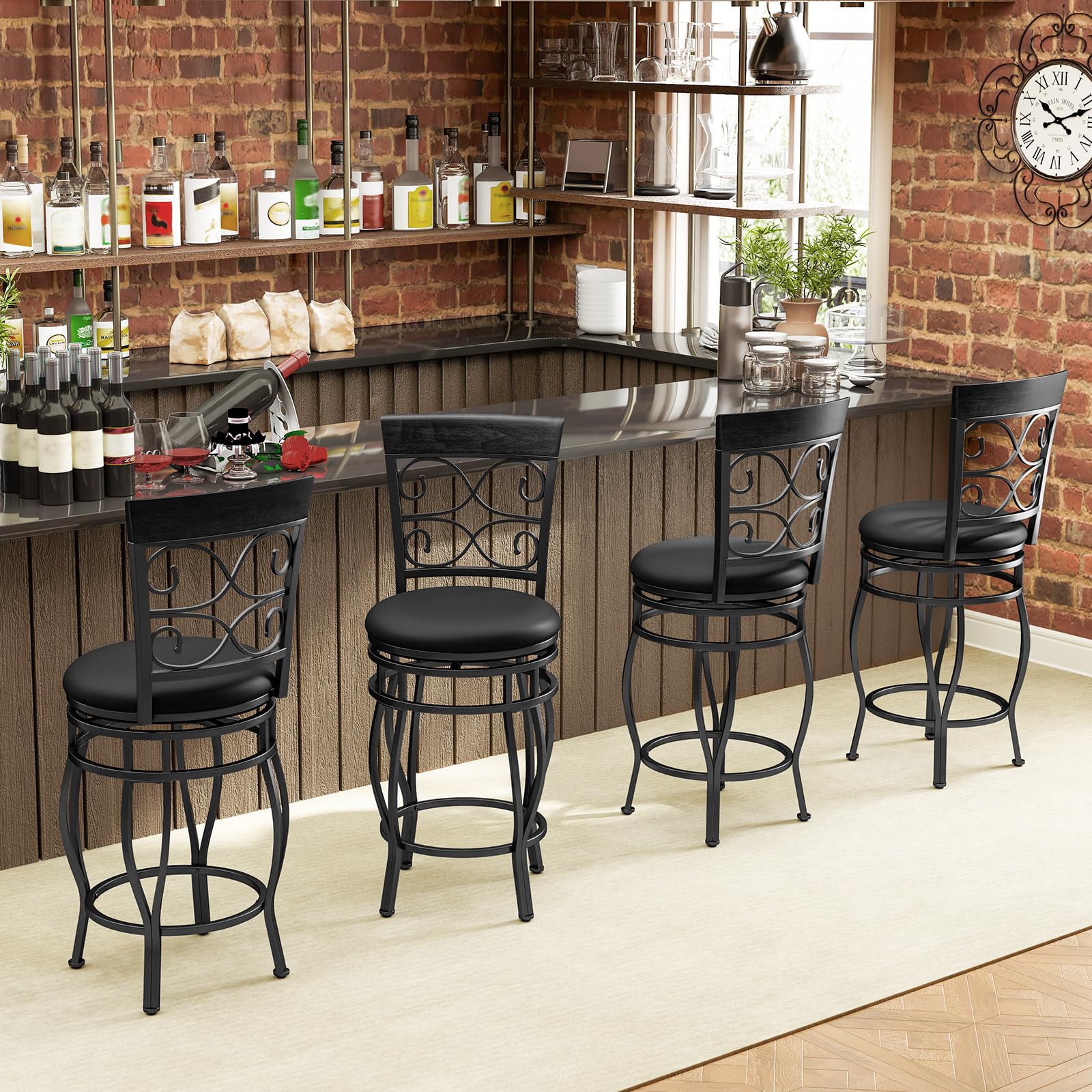 KOMFOTT Swivel Bar Stools Set of 2/4, Counter Height Bar Stools with Back, Upholstered PU Leather Seat, Footrest