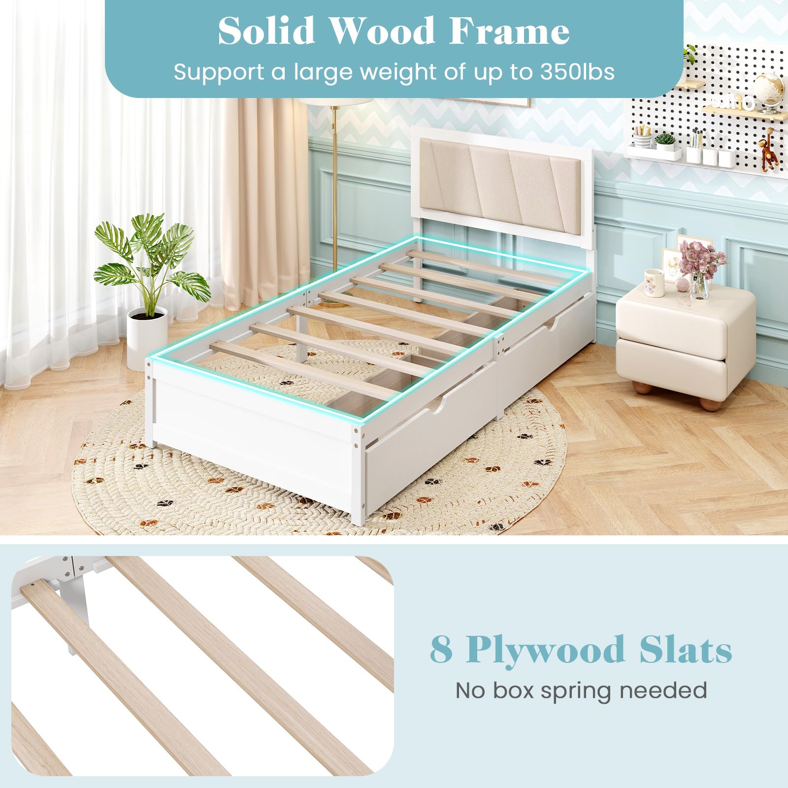 KOMFOTT Twin Bed Frame with 2 Storage Drawers(Twin)