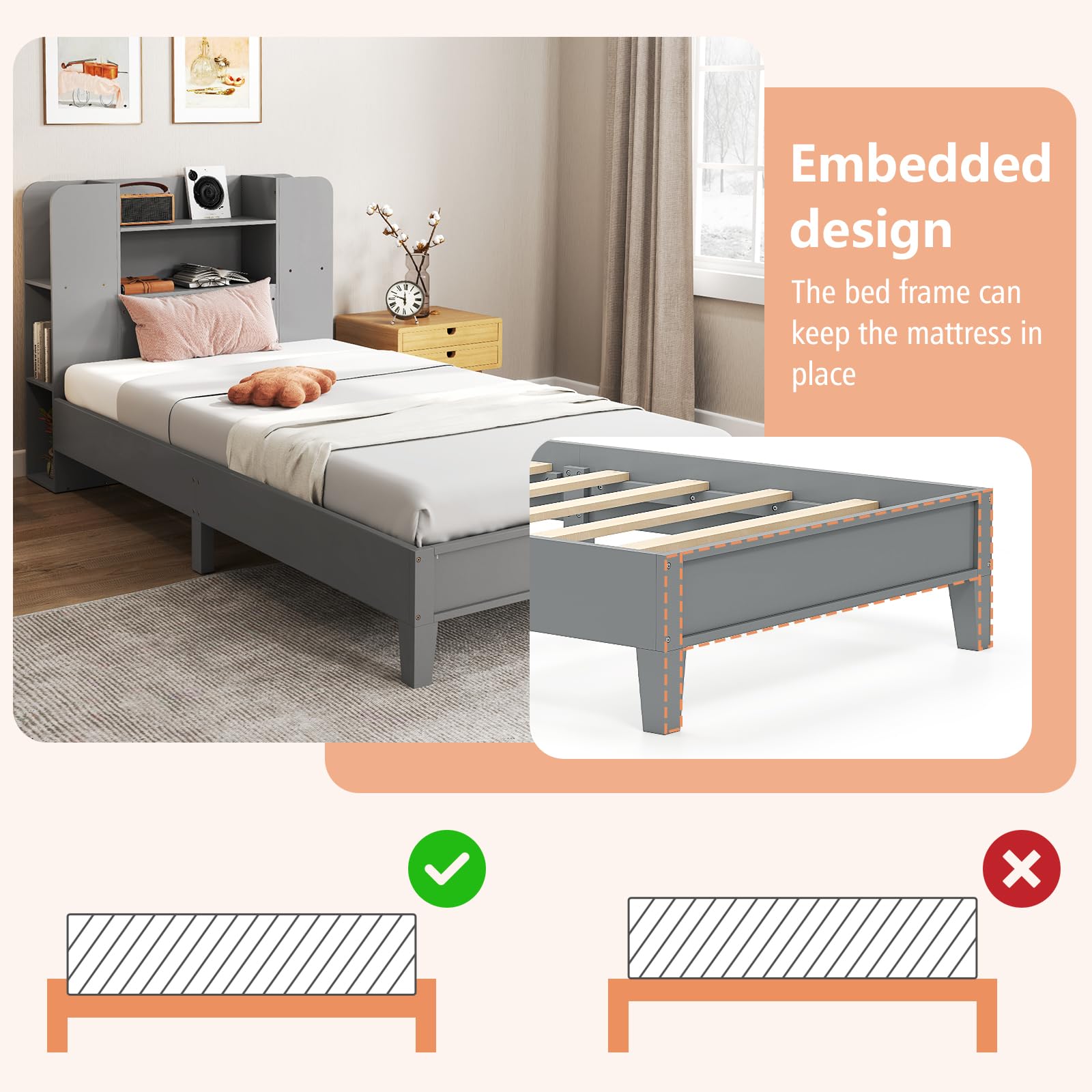 KOMFOTT Twin Wood Platform Bed Frame with Bookcase Headboard