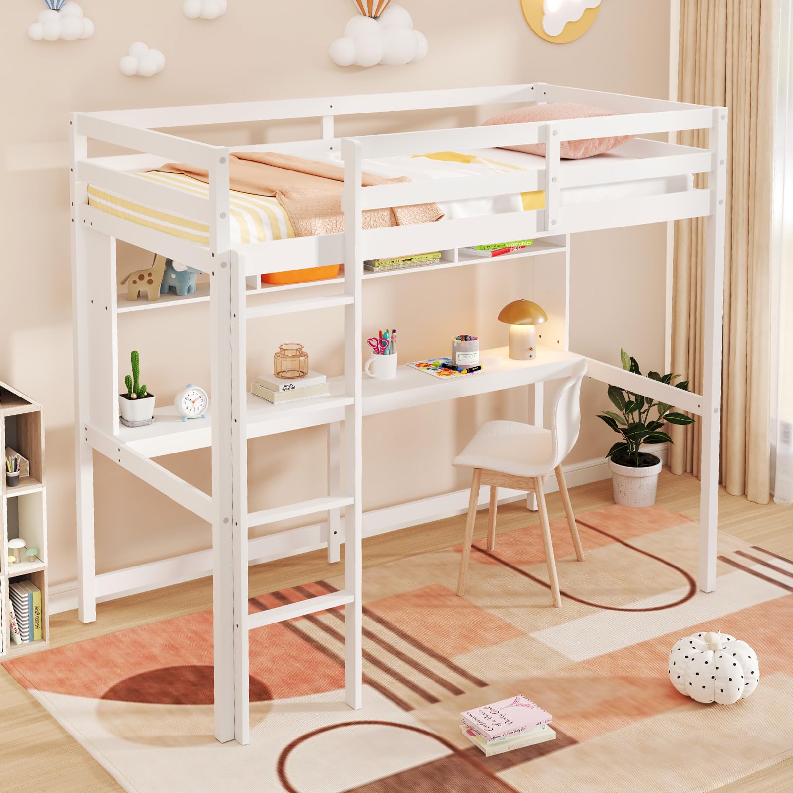 KOMFOTT Loft Bed with Desk & Bookcase Twin Bed Frame ( White )