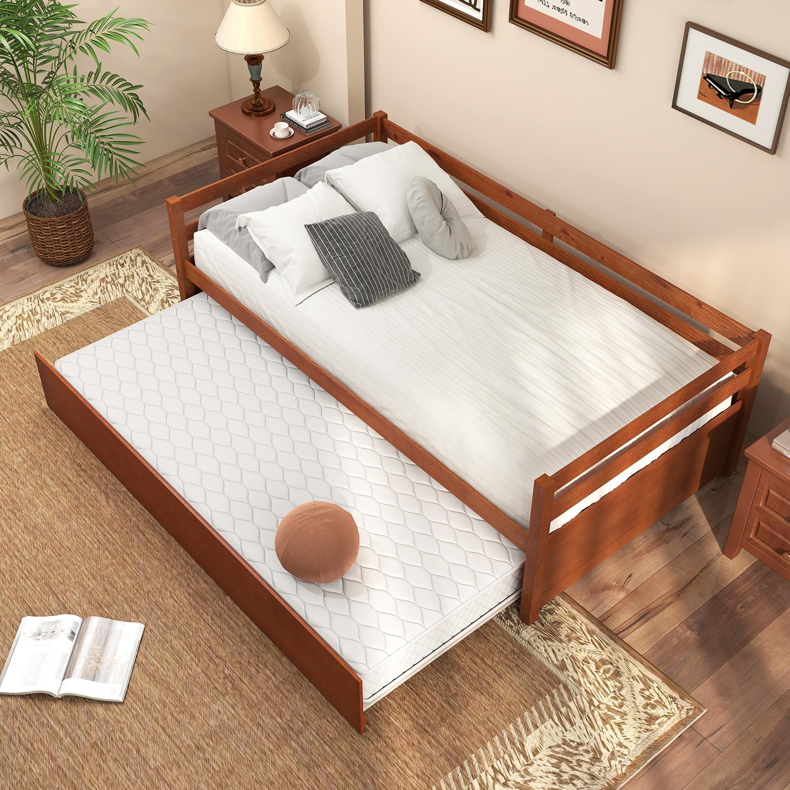 KOMFOTT Twin Daybed with Trundle, Wood Trundle Bed with Wood Slat Support