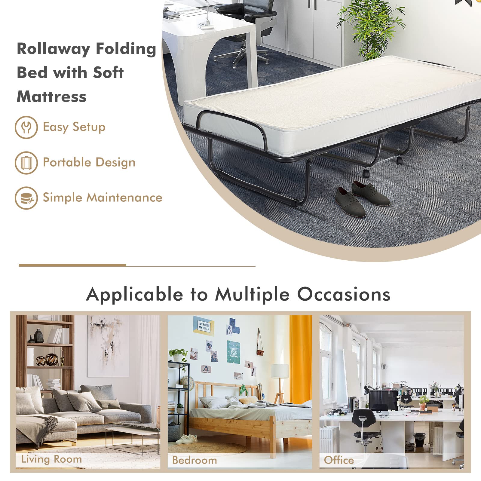 KOMFOTT Rollaway Folding Bed with 4 Inch Mattress