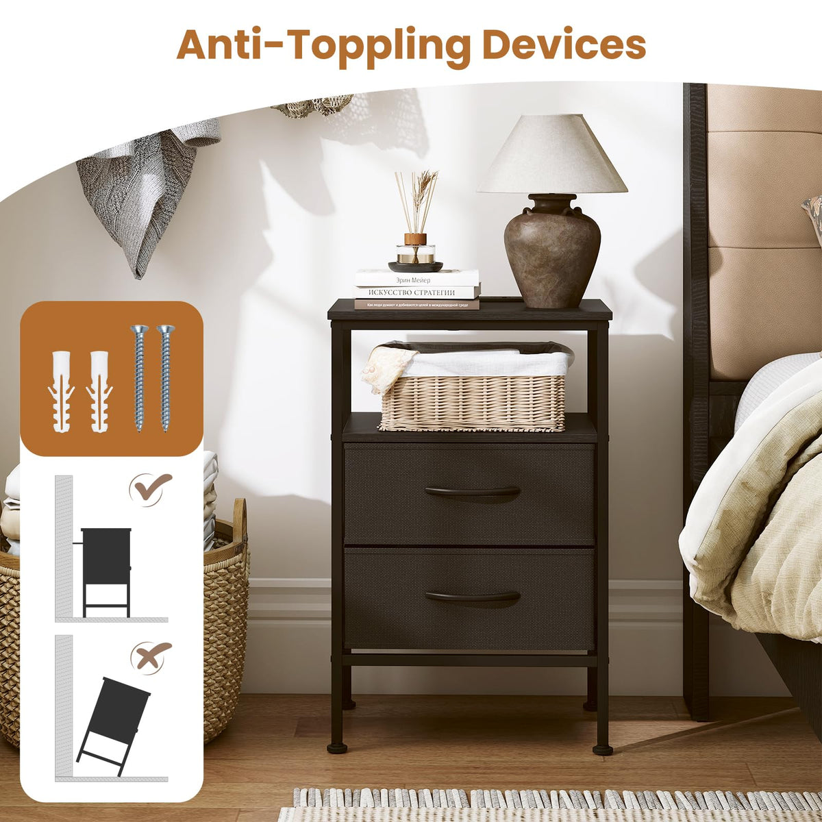 KOMFOTT 1/2 Nightstands with Charging Station 24.5" Modern Bedside Table(2 Drawers)