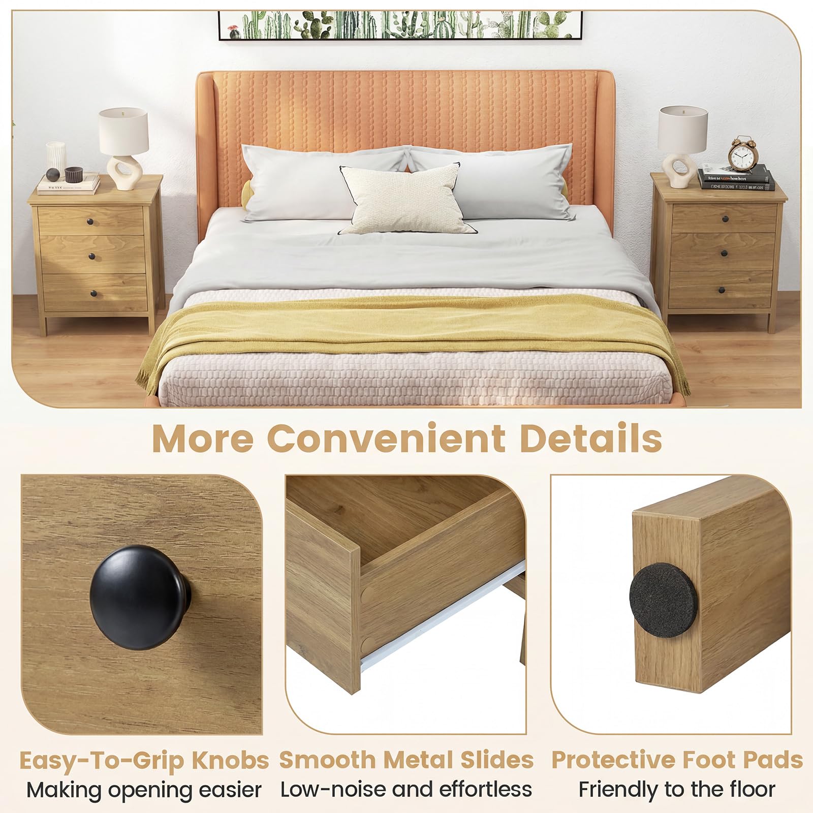 KOMFOTT 3 Drawers Nightstand Wooden Bedside Table with Ample Storage(1/2)