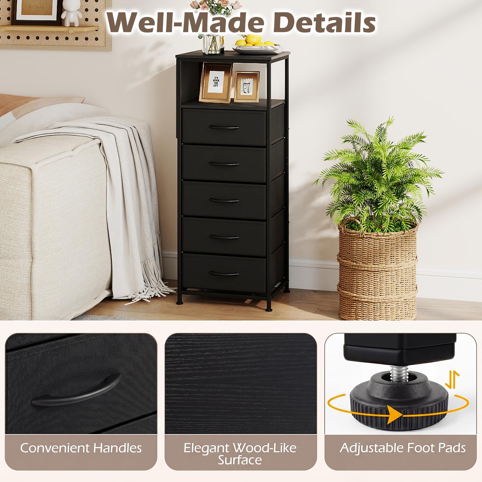 KOMFOTT 1/2 Nightstand with Integrated Charging Station 39" Tall Modern End Table(5 Drawers)