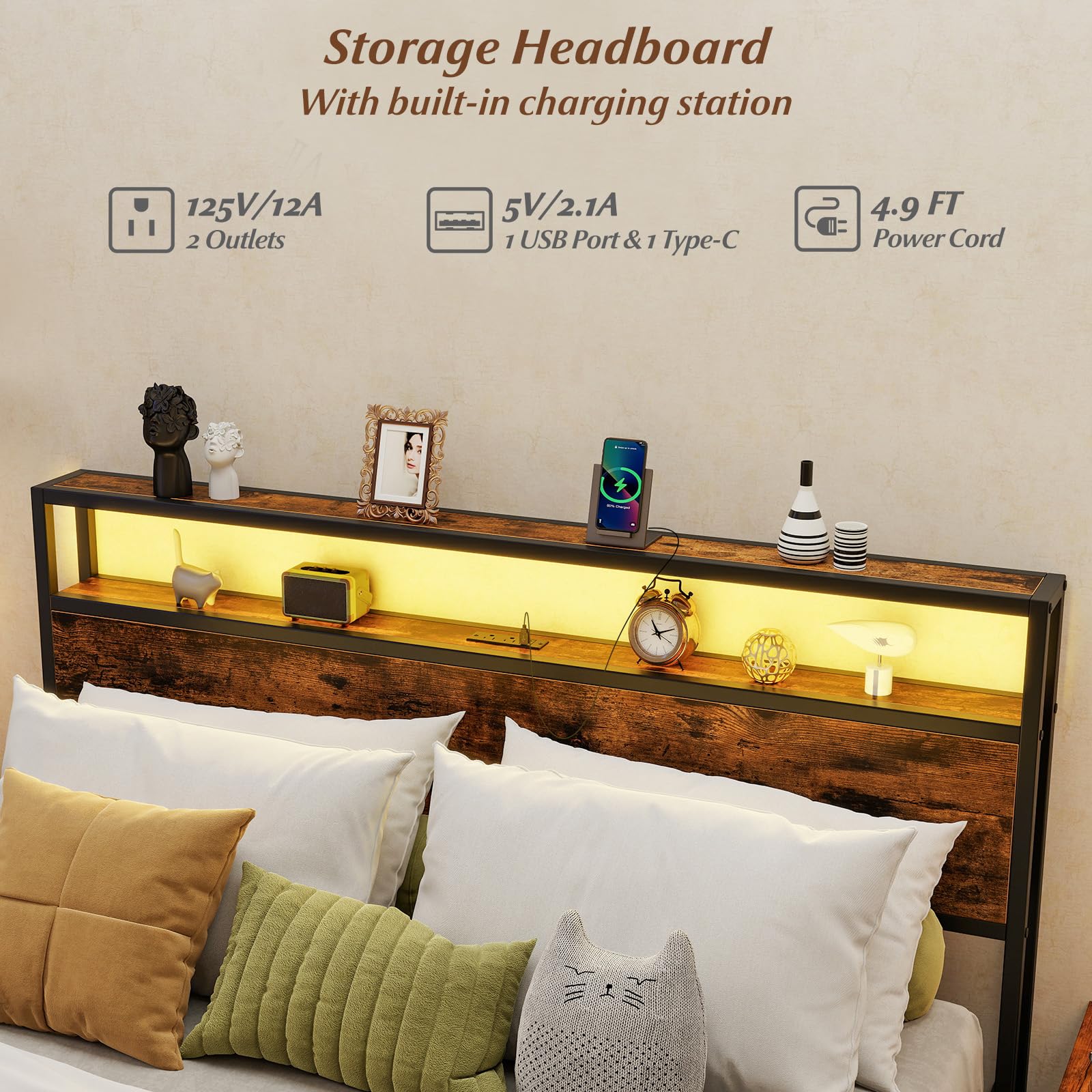 KOMFOTT Industrial LED Bed Frame with 2-Tier Storage