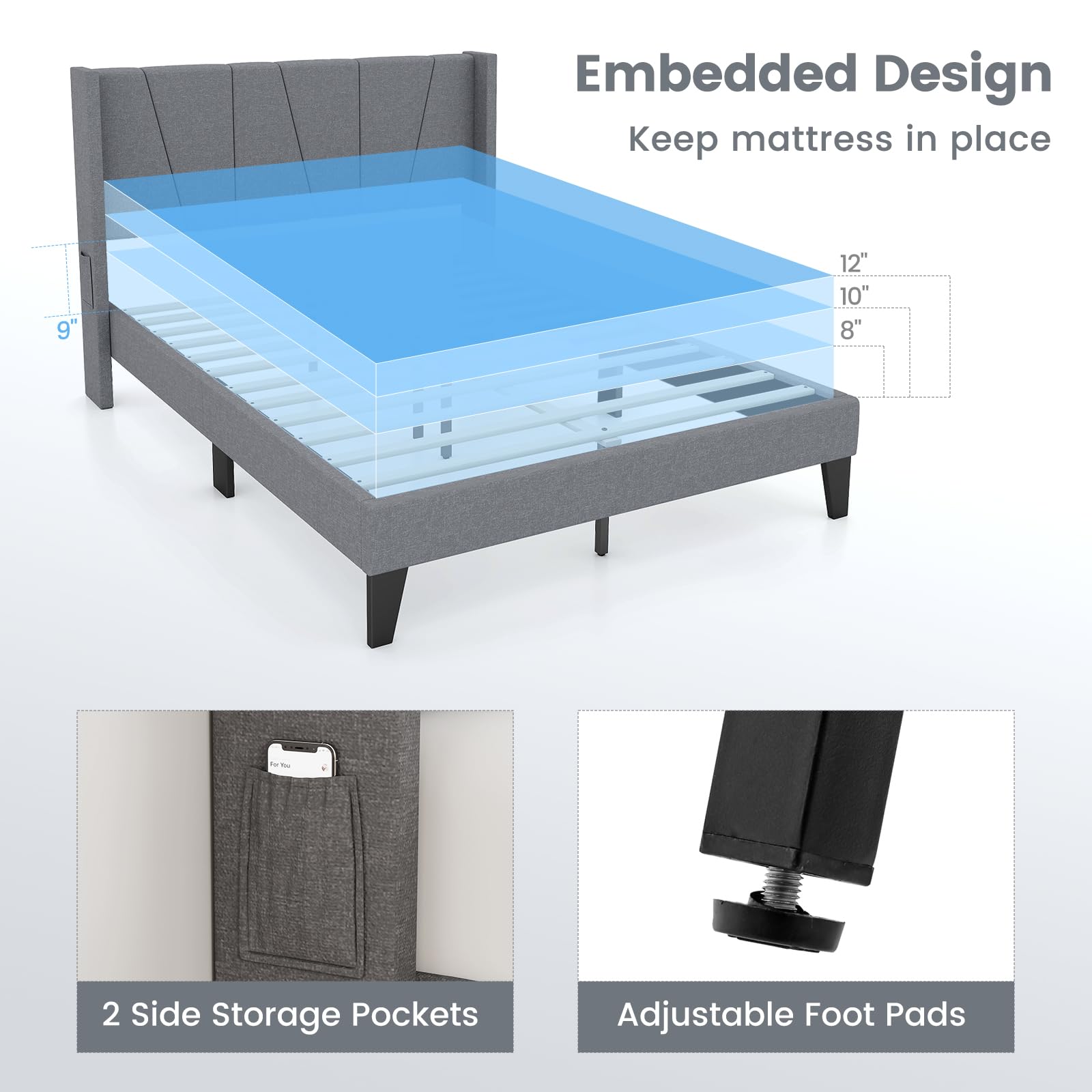 KOMFOTT Upholstered Bed Frame with Wingback Headboard