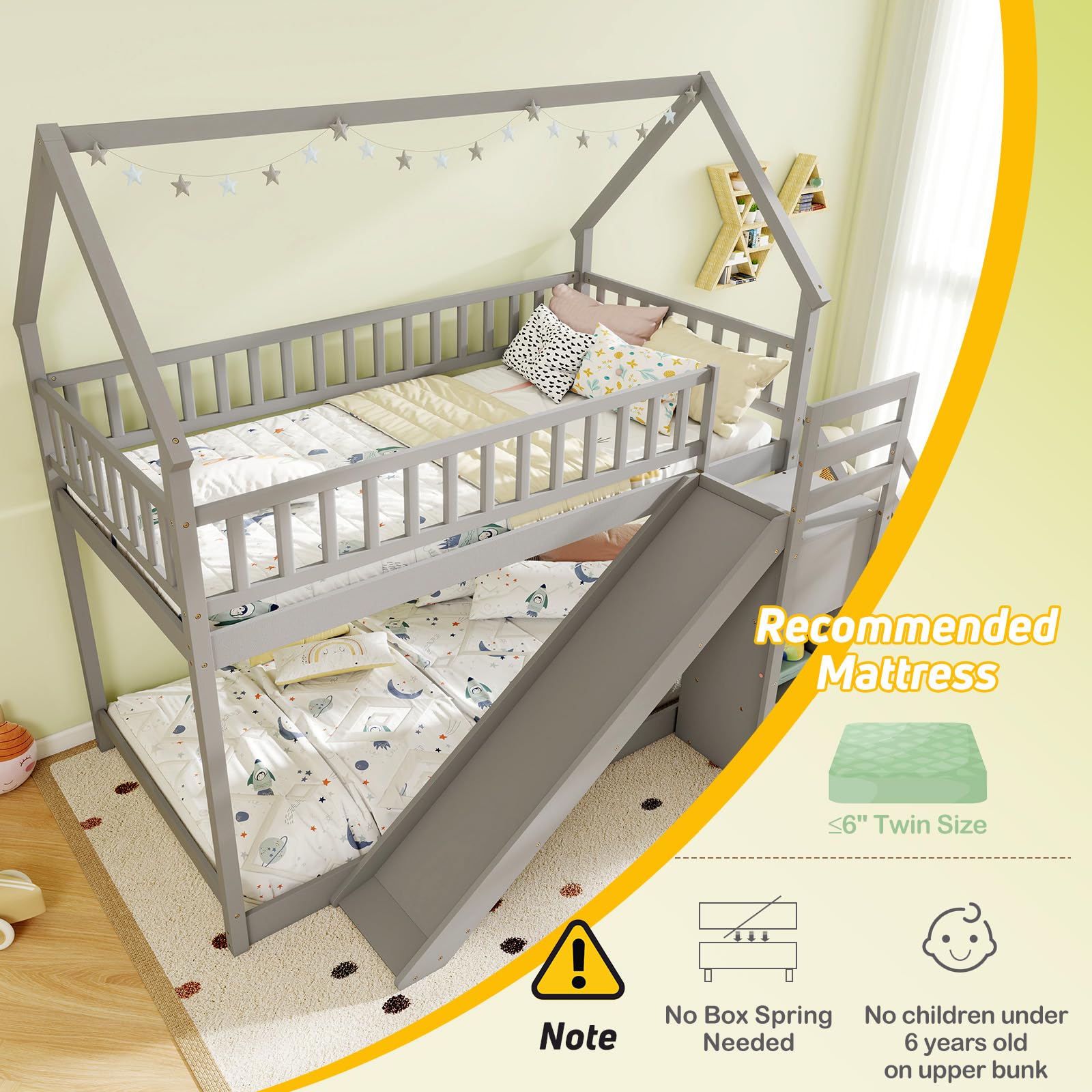 KOMFOTT Twin Over Twin  Wood House Bunk Bed with Slide & Stairs, Storage Shelves