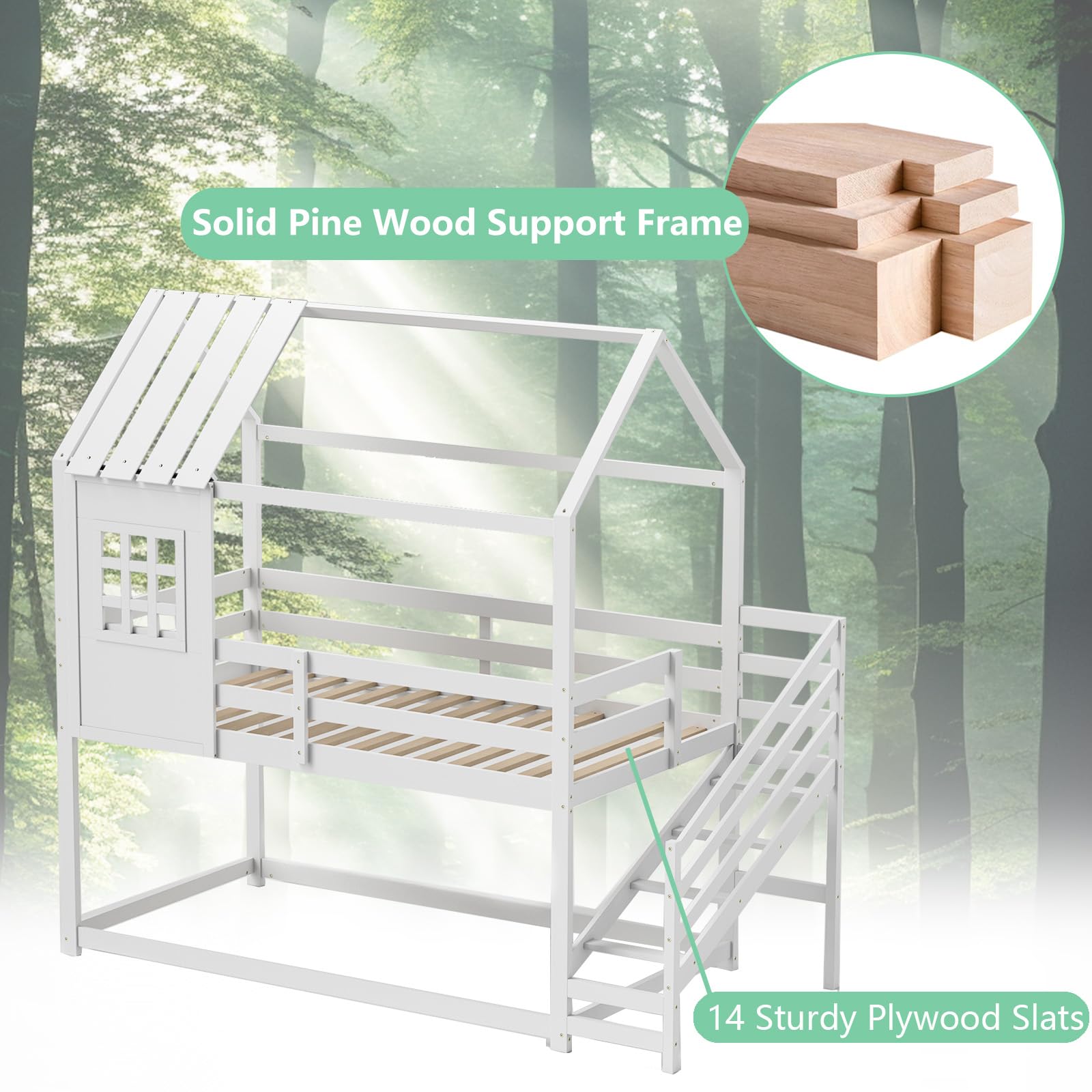 KOMFOTT Wood Twin Over Twin House Bunk Bed with Stairs