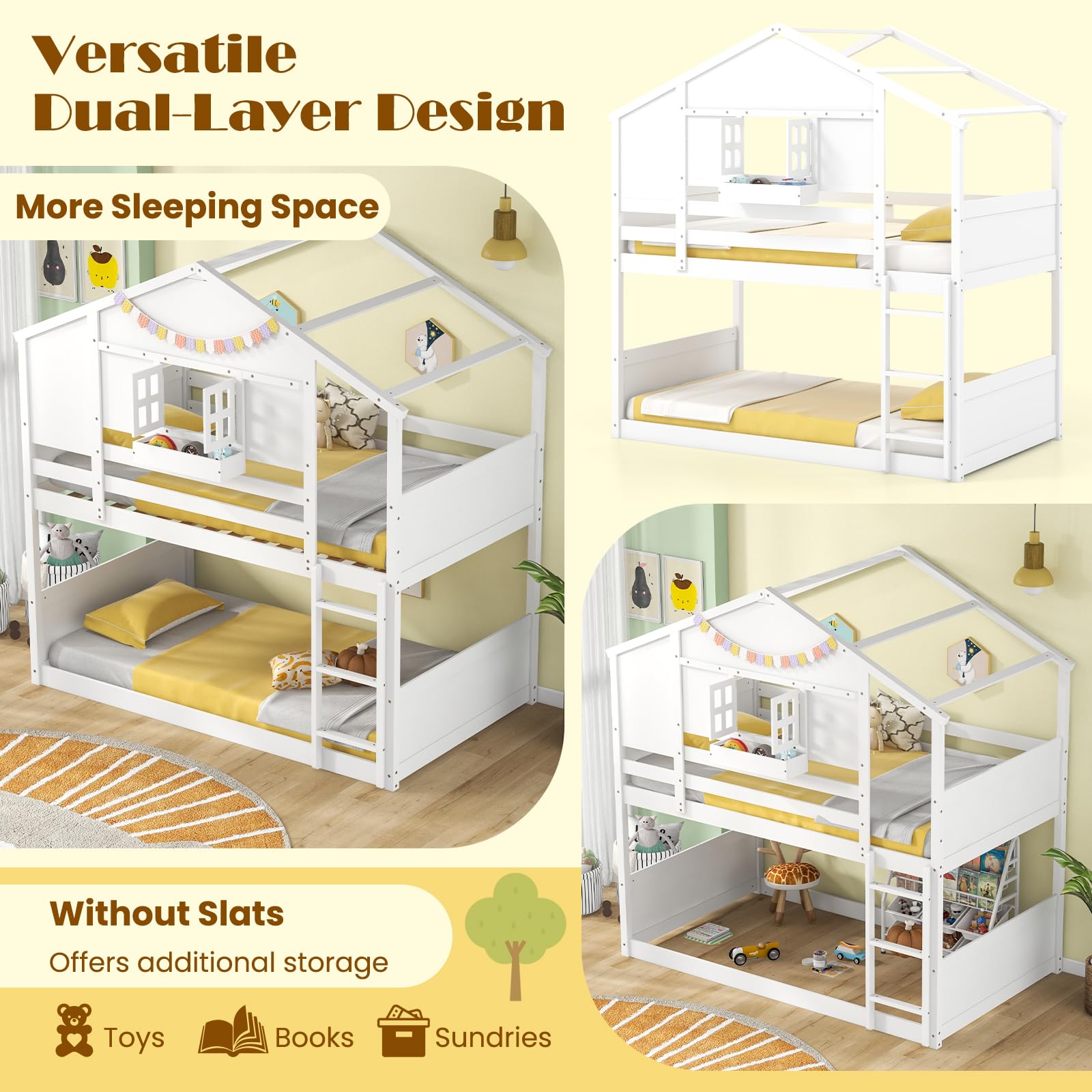 KOMFOTT Twin Over Twin Wood House Bunk Bed for Kids with Roof, Window Door, Storage Box, Safety Guardrails, Wood Slats & Ladder