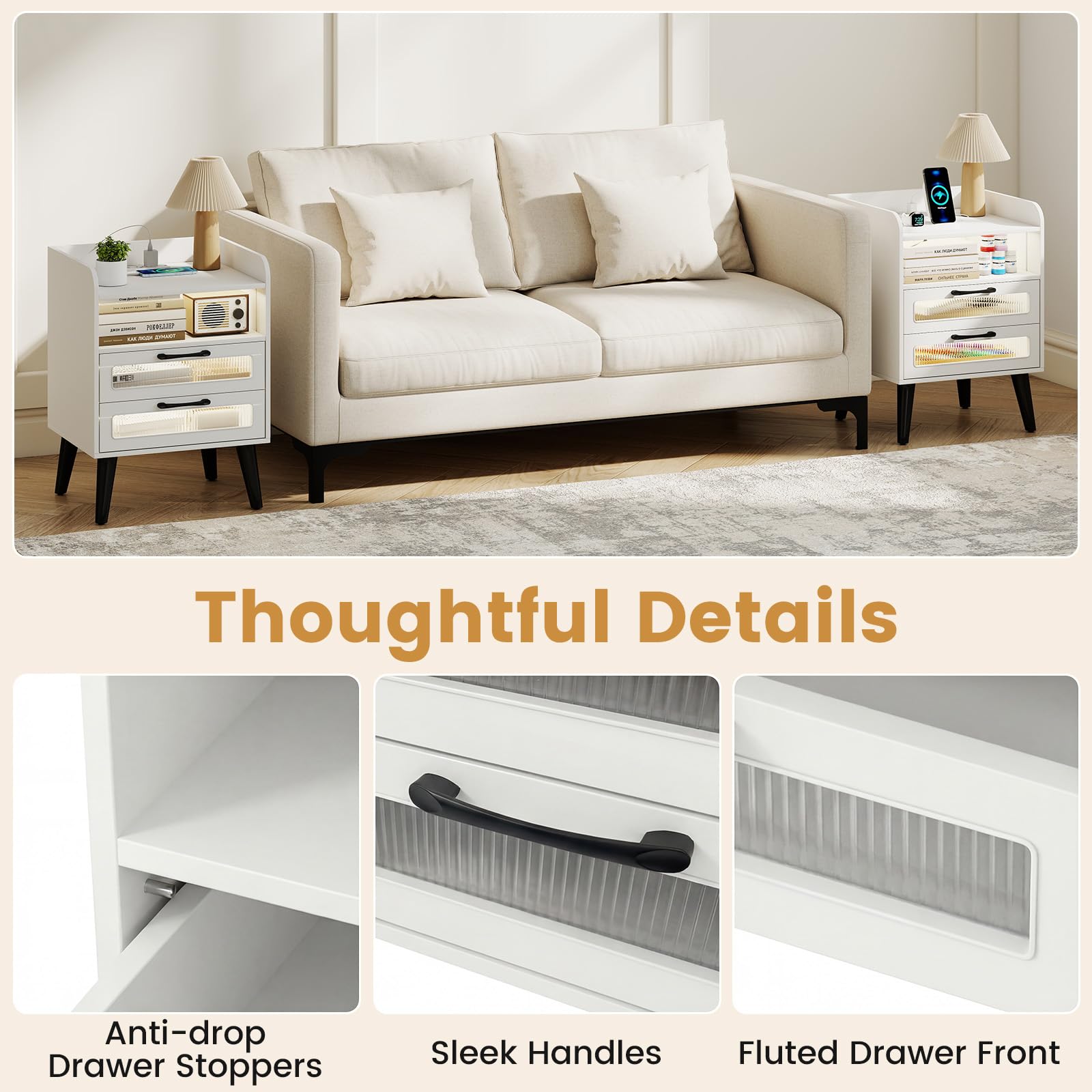KOMFOTT Nightstand with Charging Station and LED Lights(1/2)
